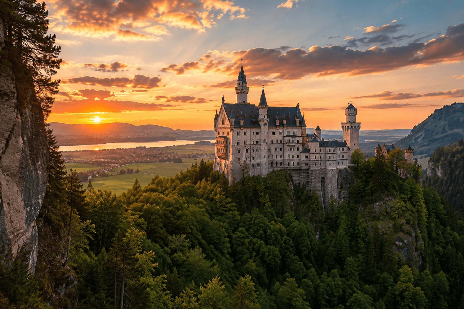 Neuschwanstein Castle in Bavaria, Germany, surrounded by the Alps at sunset