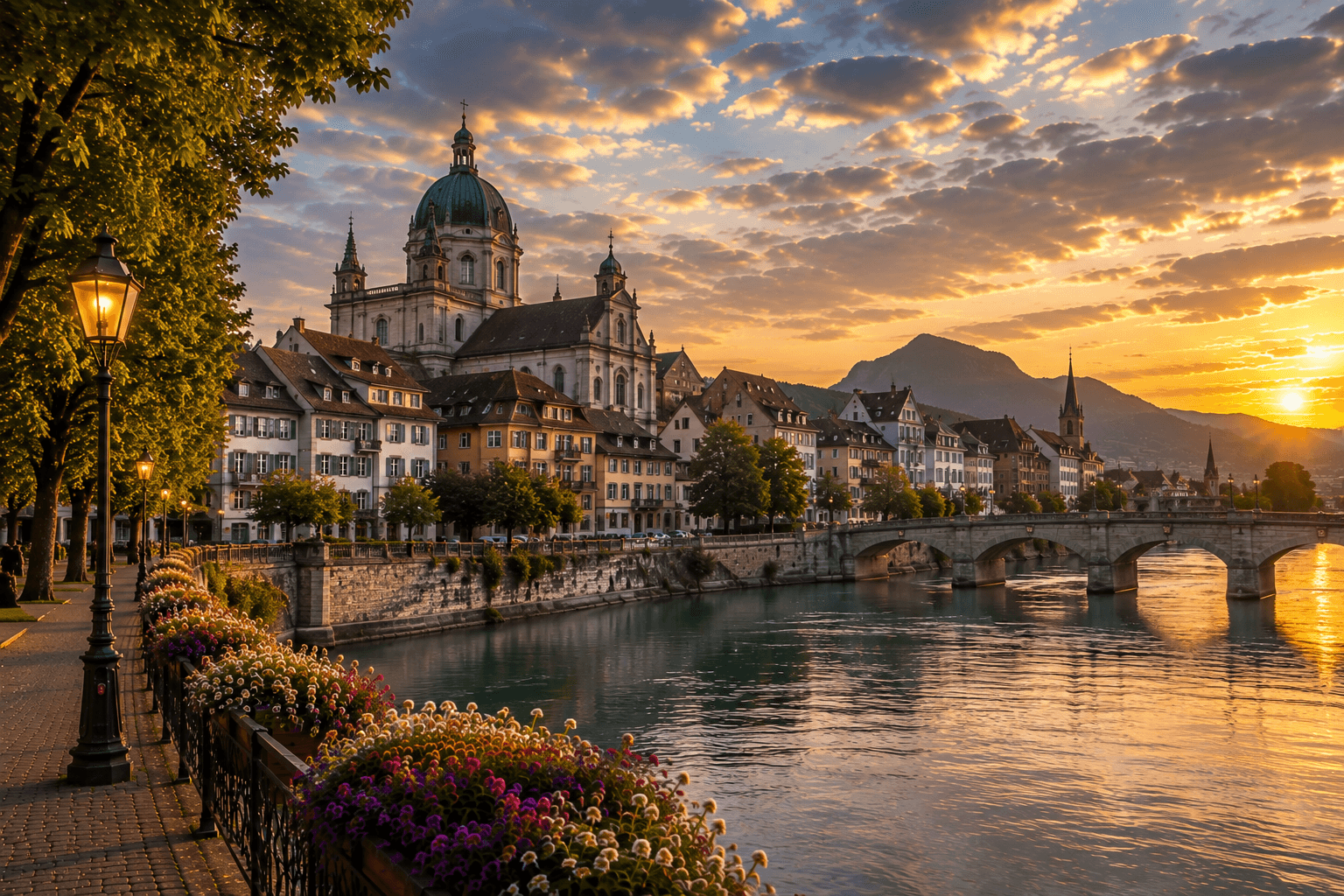 Baroque architecture of Solothurn with cathedral and riverside scenery