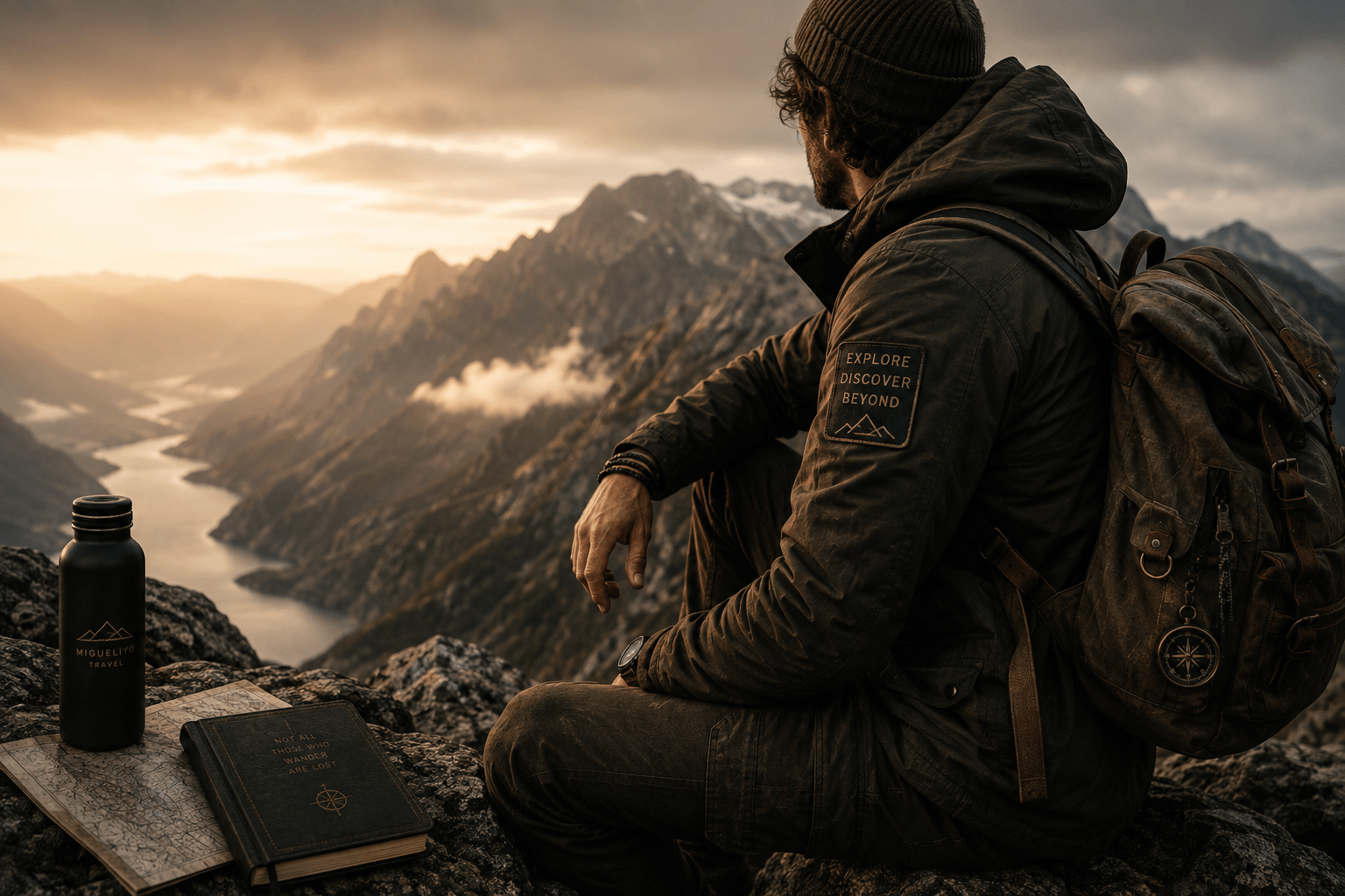 Explorer wearing travel-inspired apparel in the mountains with backpack, compass and adventure gear