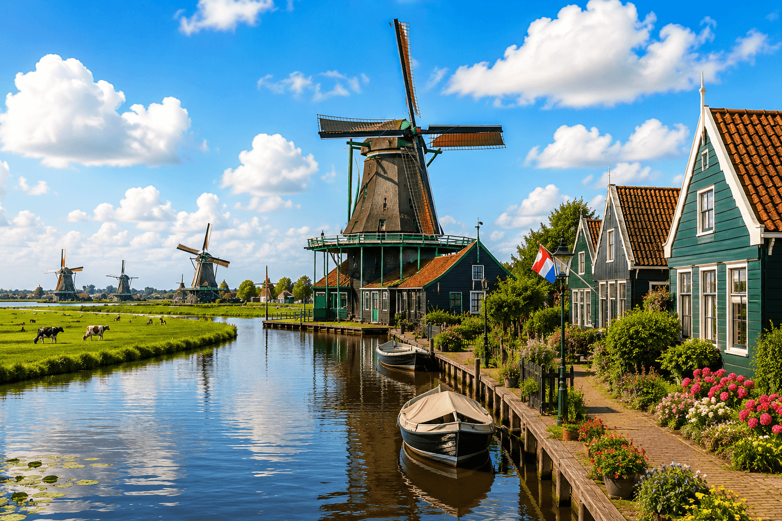 Traditional Dutch windmills, canal and village in the Netherlands
