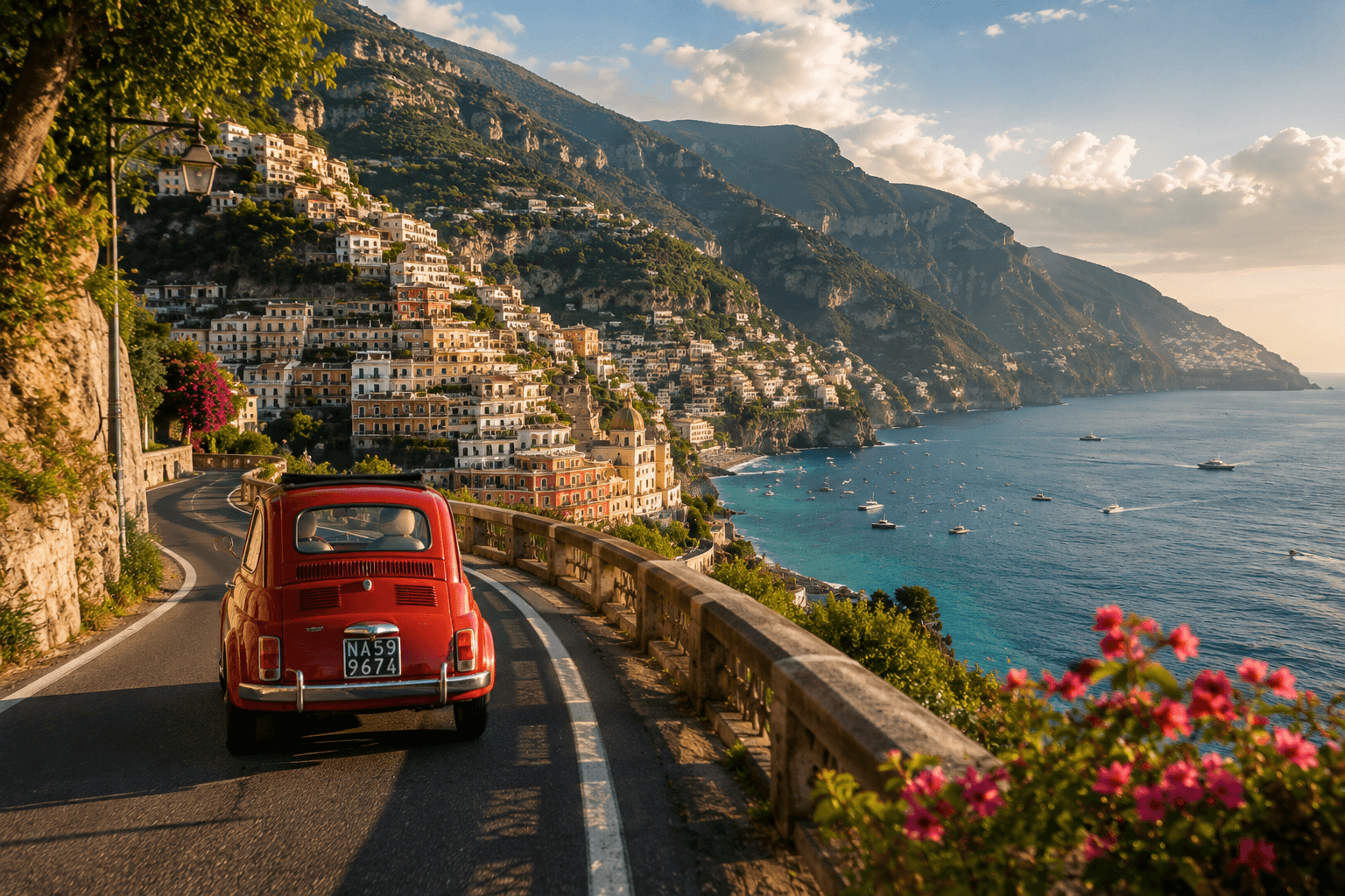 Peaceful lakeside village in Italy surrounded by mountains and colorful flowers