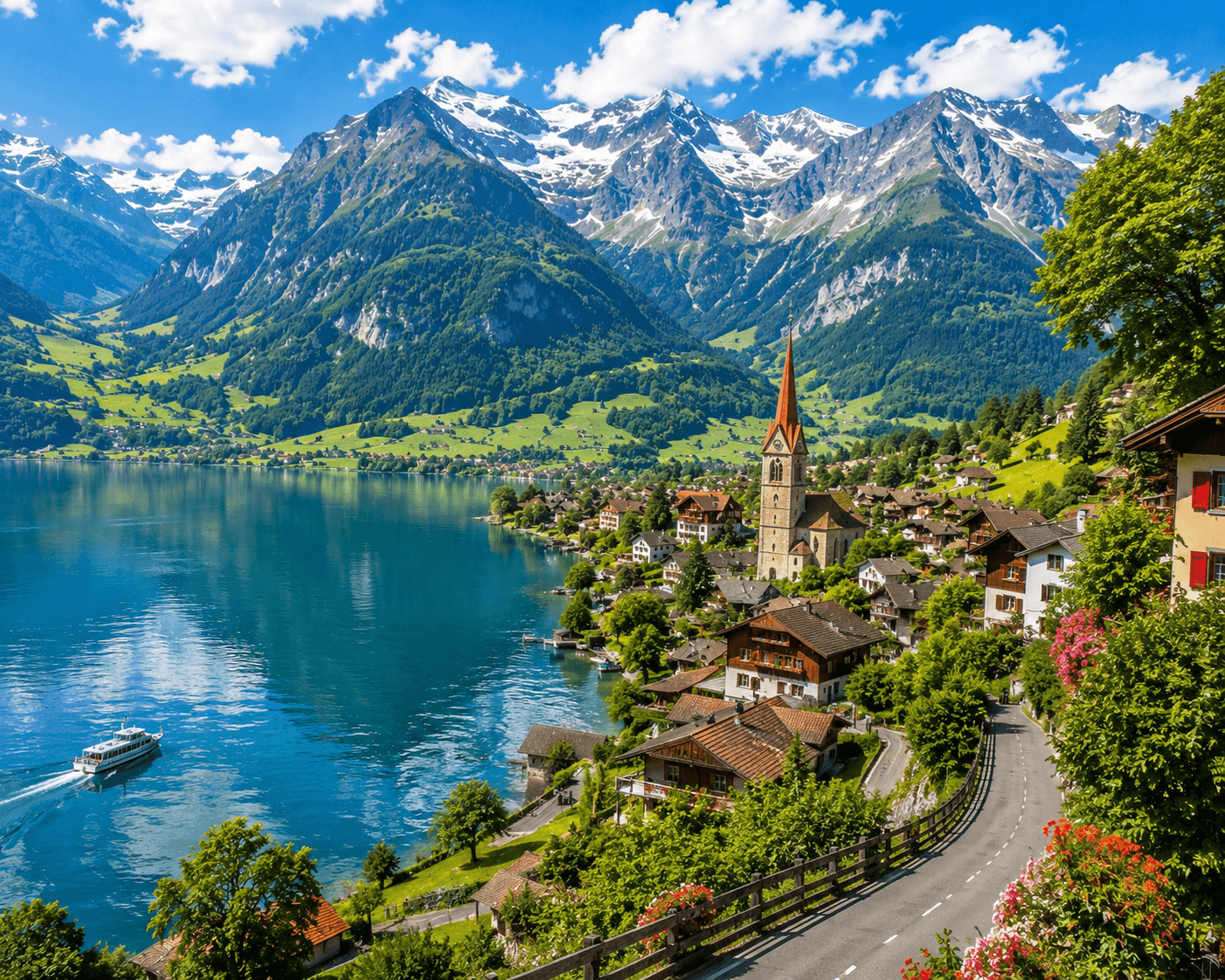 Hidden gems in Switzerland with an alpine lake, Swiss village and snow-capped mountains