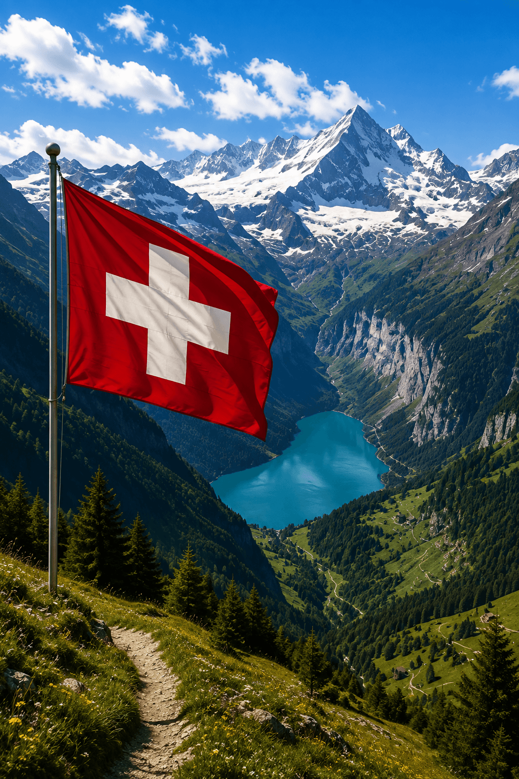 Swiss flag overlooking the Alps and mountain valley in Switzerland