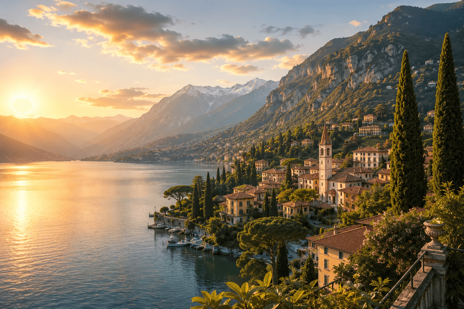 Panoramic view of Lake Como at sunset, Italy
