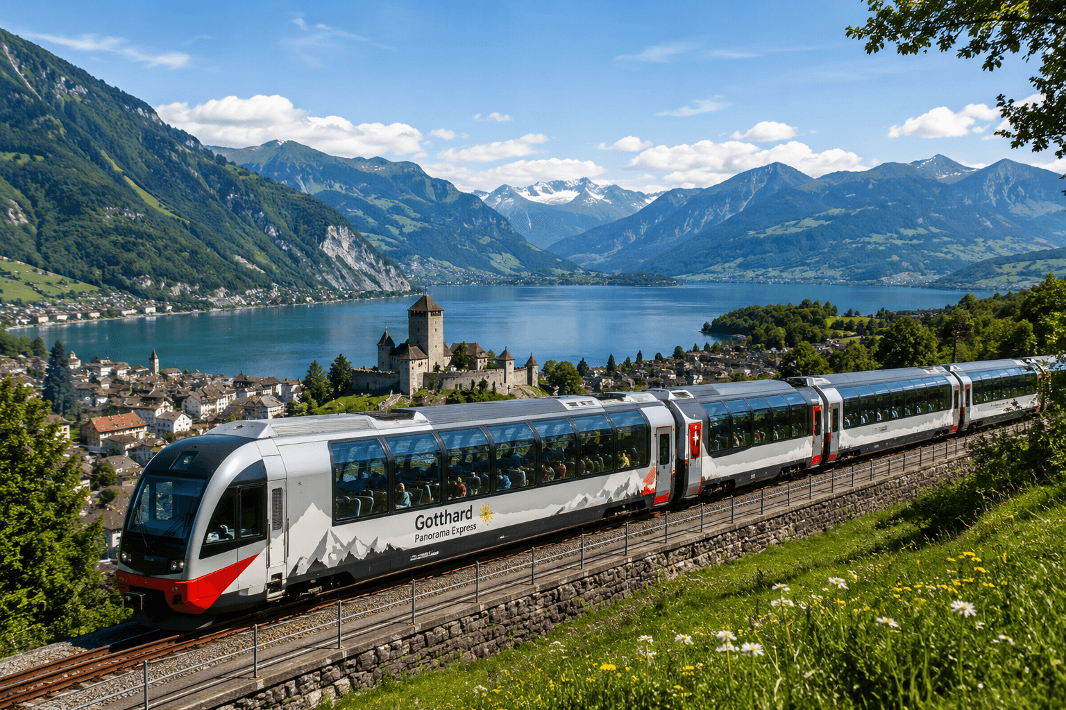 The Gotthard Panorama Express combines one of Switzerland’s most scenic railway journeys with spectacular views of lakes, mountains and historic landscapes. Travelling between Lucerne and Lugano, the route crosses the legendary Gotthard region and connects central Switzerland with the Mediterranean atmosphere of Ticino.