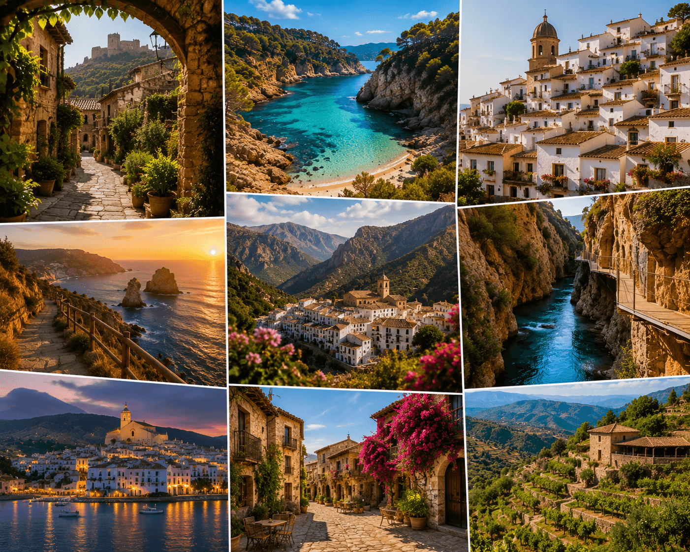 Beautiful places in Spain featuring coastal towns, beaches, historic villages and scenic landscapes