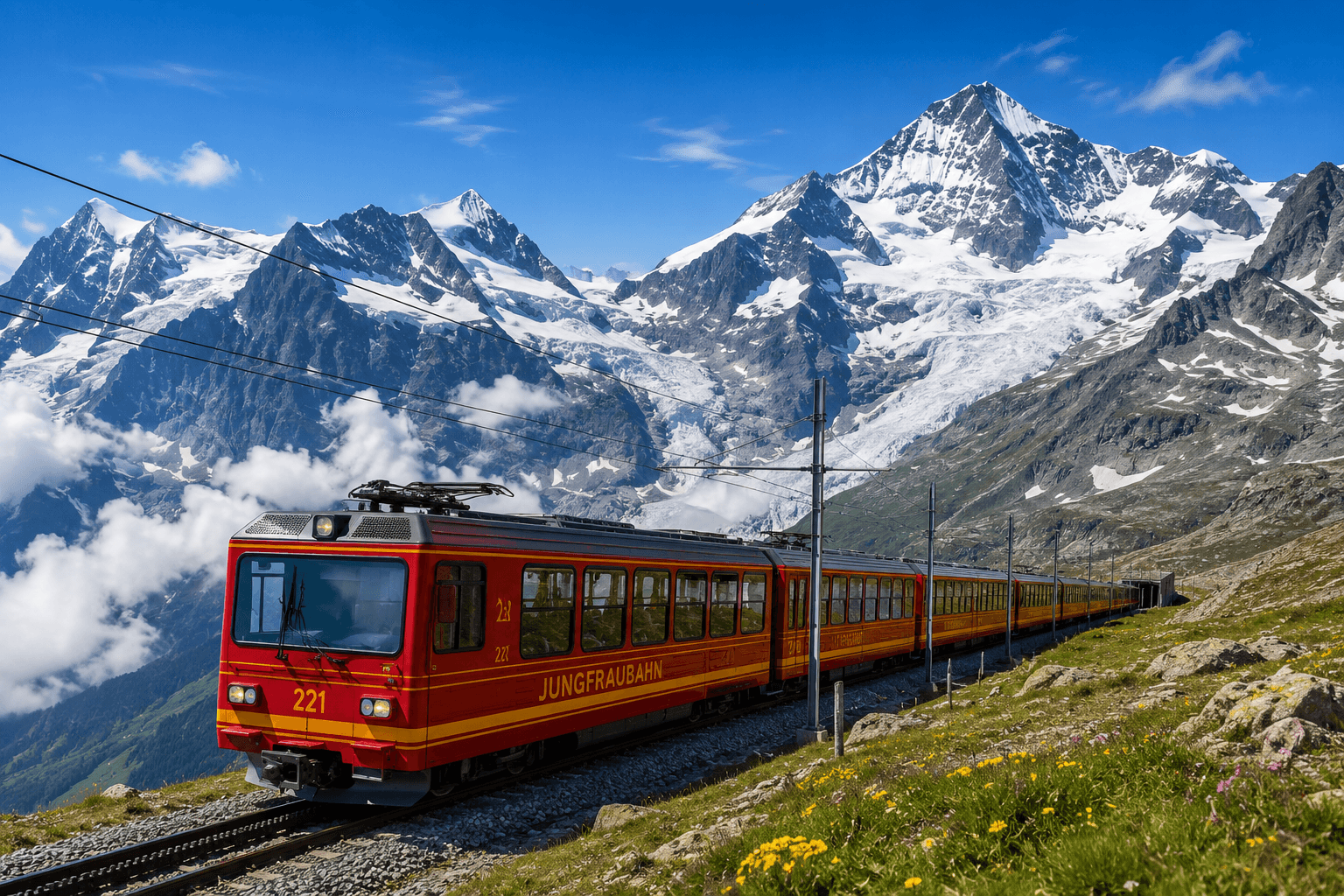 Jungfrau Railway train travelling through the Swiss Alps toward Jungfraujoch in Switzerland