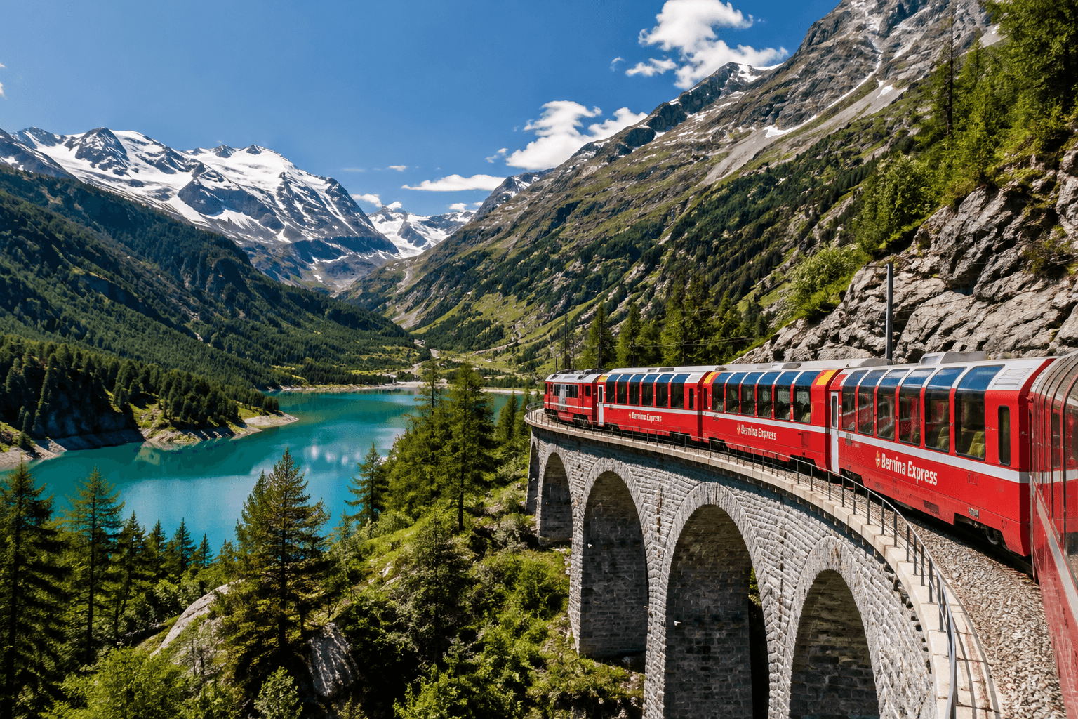 Bernina Express train crossing the Swiss Alps near St. Moritz, Switzerland