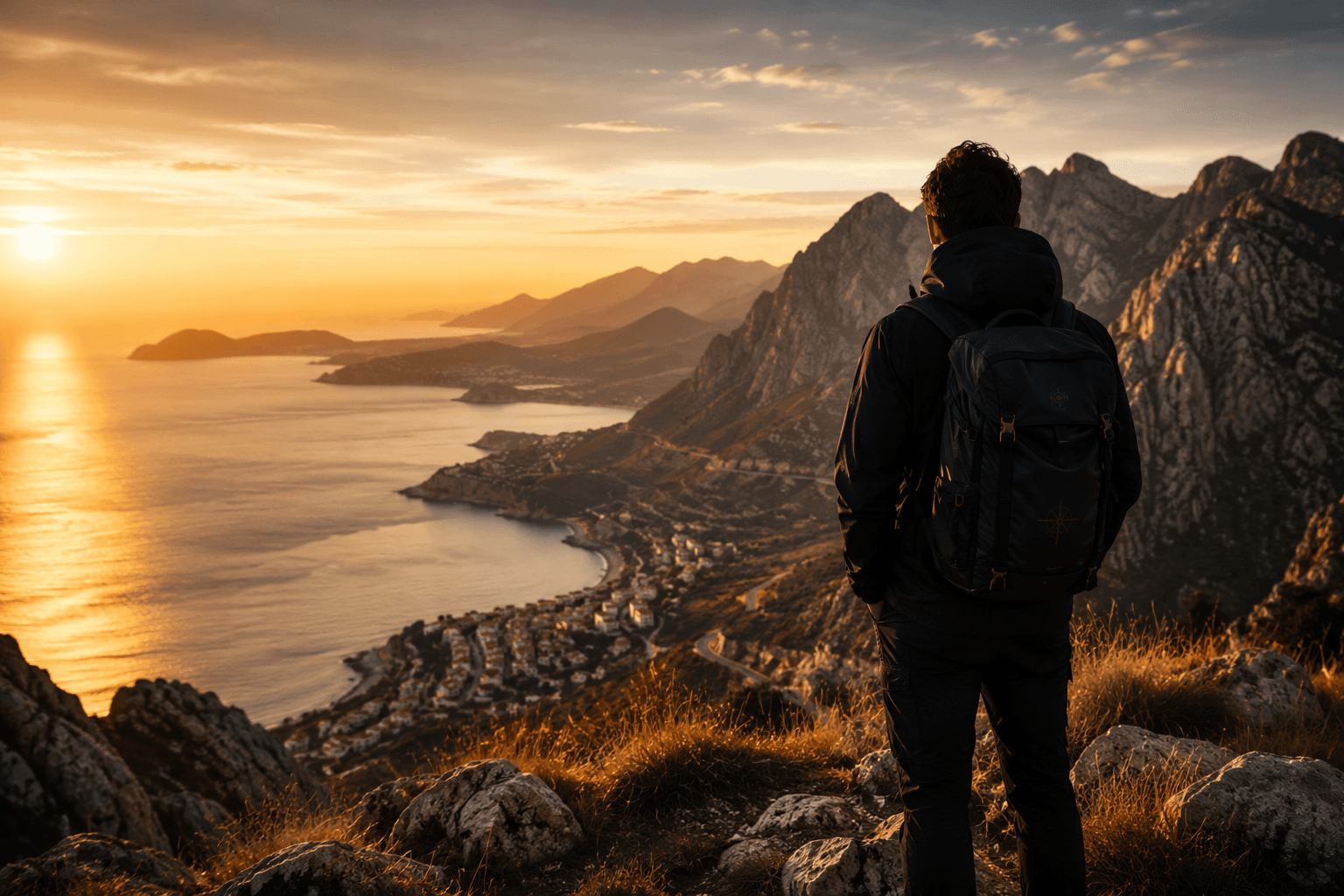 Explorer overlooking mountains and coastline at sunset wearing travel-inspired outdoor apparel by Migueliyo Travel.