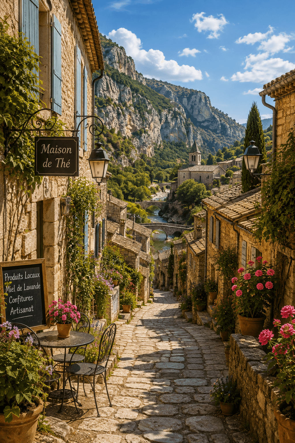 Charming hidden village in France surrounded by mountains and traditional stone houses