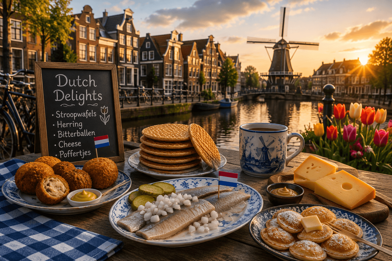 Traditional Dutch food with stroopwafels beside an Amsterdam canal and windmill