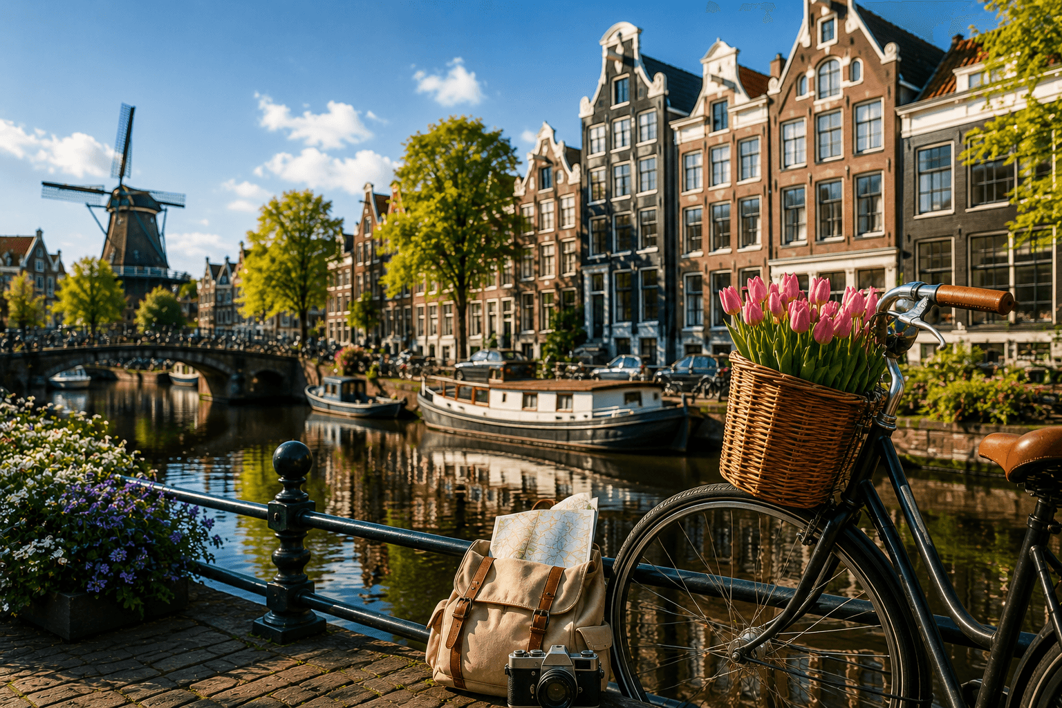 Amsterdam canal with traditional Dutch houses, bicycle and tulips in the Netherlands