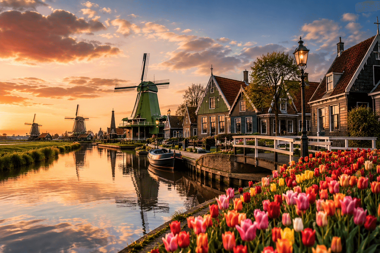 Historic Dutch windmills and waterfront village at sunset in the Netherlands