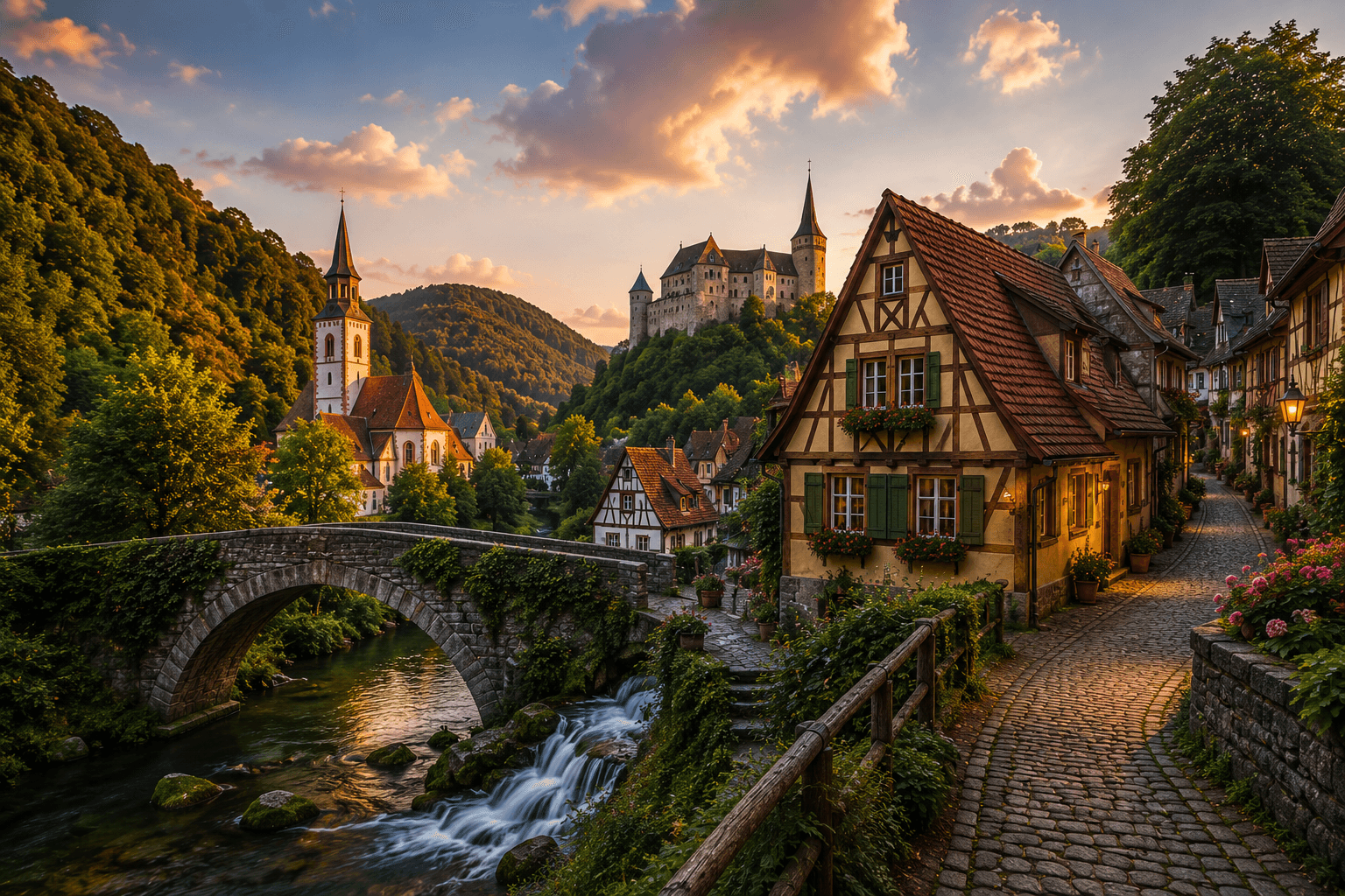 Charming historic German town with half-timbered houses, castle and scenic countryside
