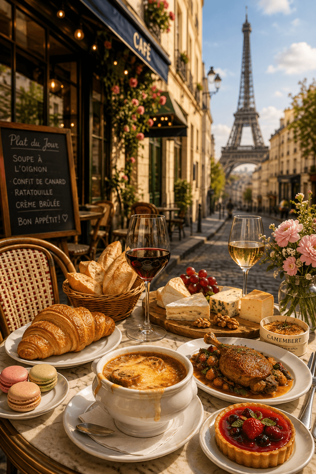 French café in Paris with wine and Eiffel Tower view