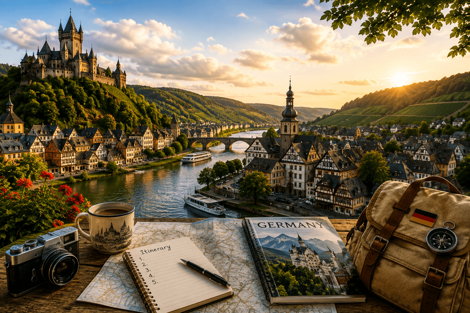 Scenic German town with river, historic architecture and surrounding countryside at sunset