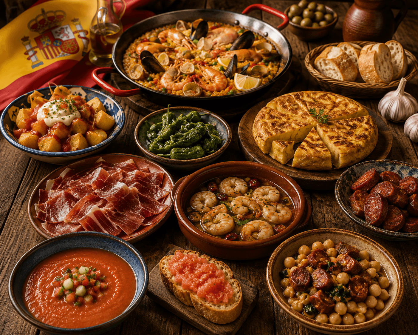 Traditional Spanish food with paella, tortilla, tapas, jamón and regional dishes