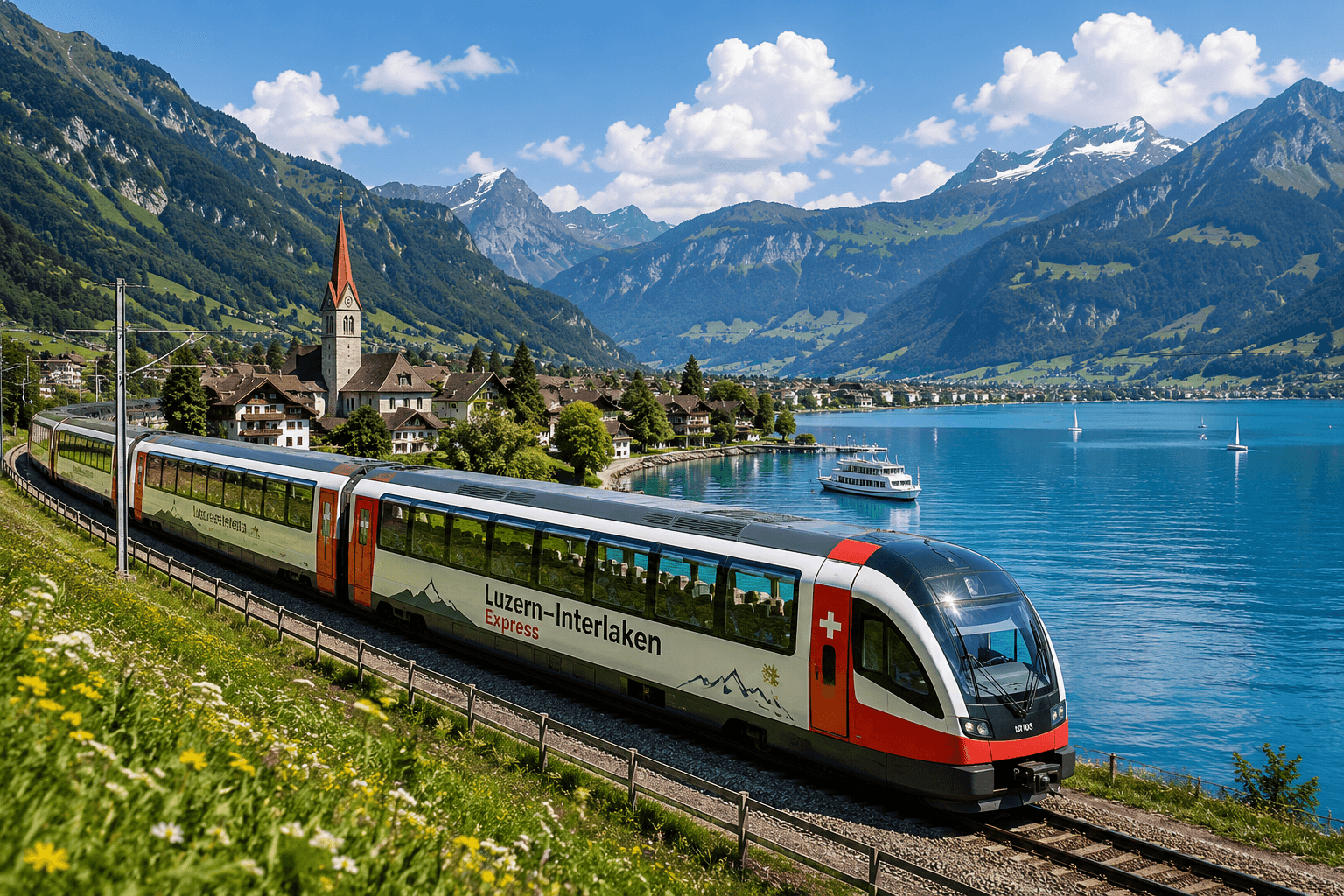 Luzern–Interlaken Express scenic train travelling through the Swiss Alps beside a turquoise lake in Switzerland