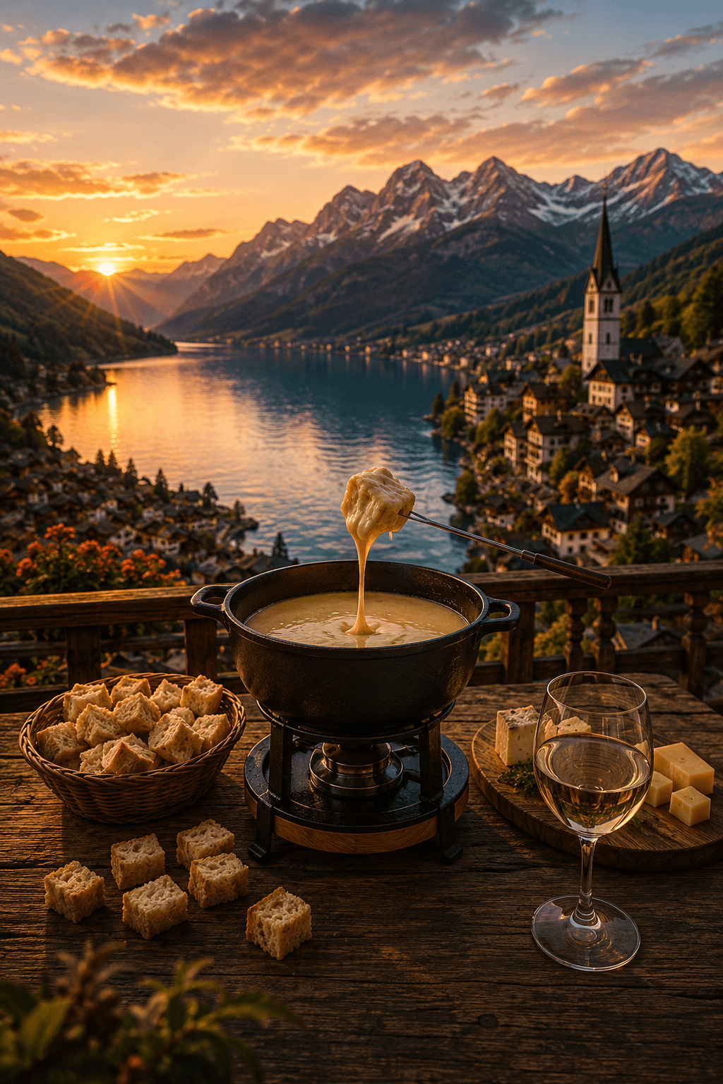 Traditional Swiss cheese fondue overlooking an Alpine lake in Switzerland