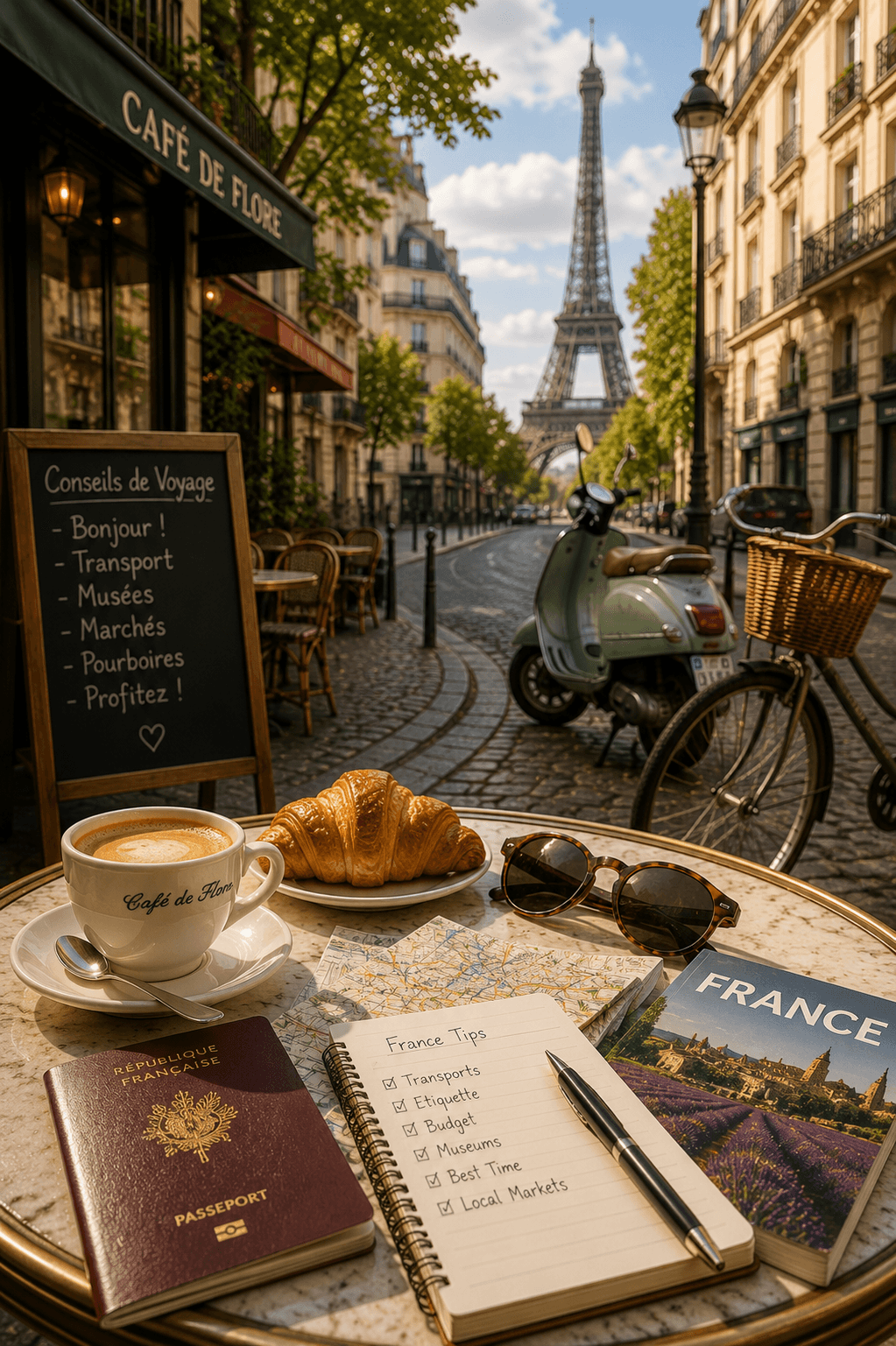 Paris street with café bicycle and Eiffel Tower in France