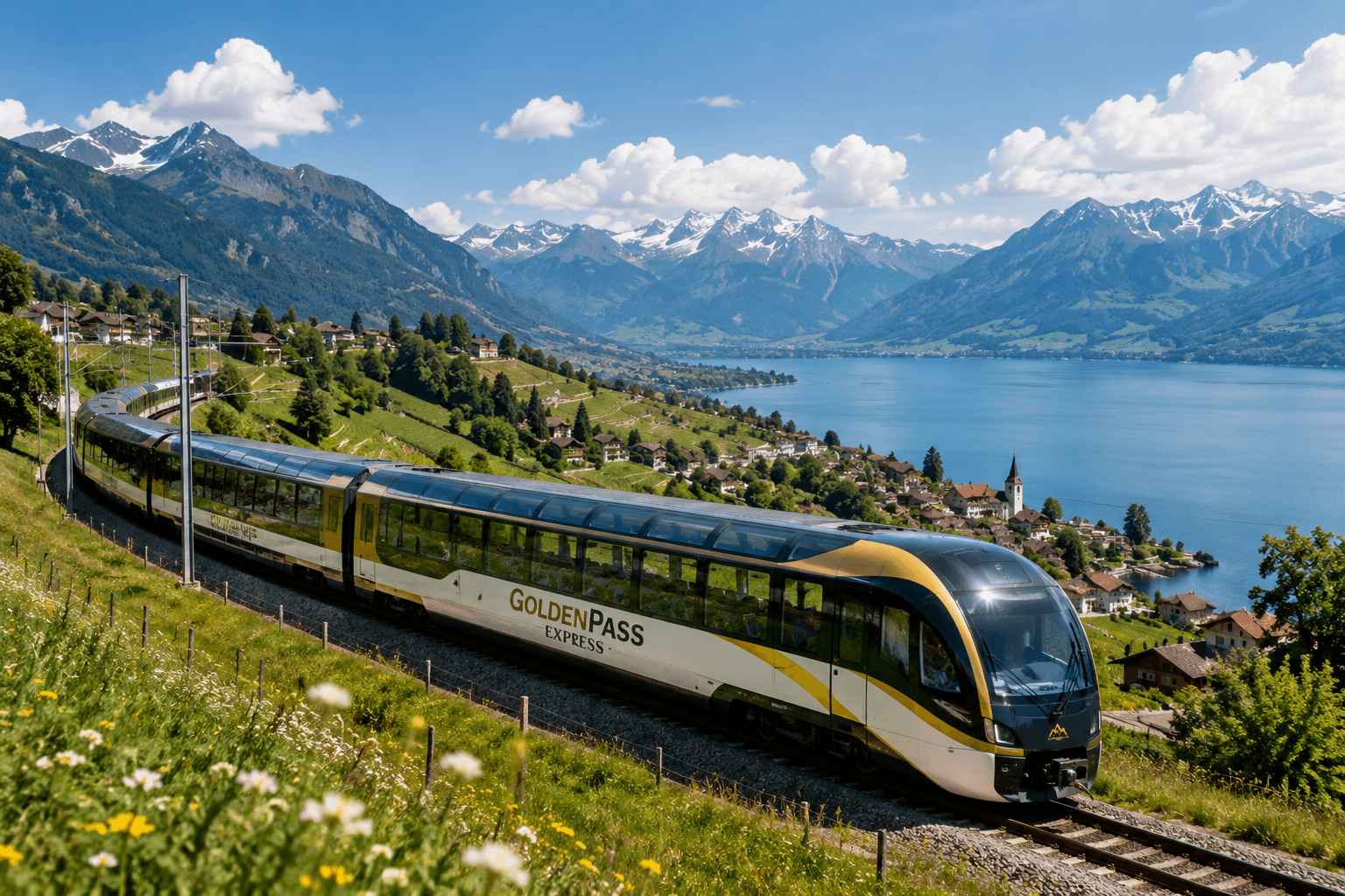 GoldenPass Express scenic train travelling through the Swiss Alps with panoramic mountain and lake views in Switzerland