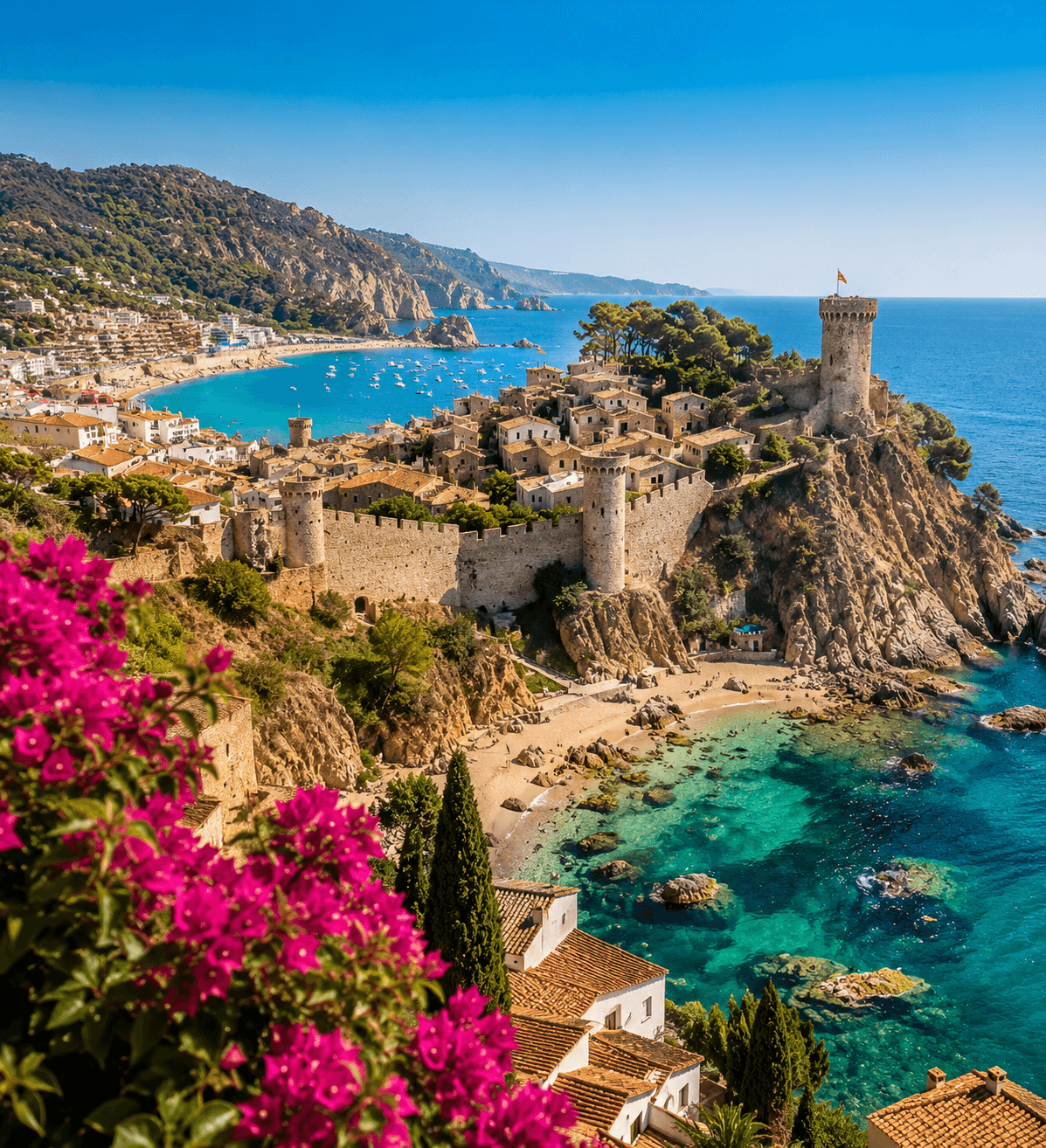 Hidden coastal town in Spain with historic castle, Mediterranean sea and scenic coastline