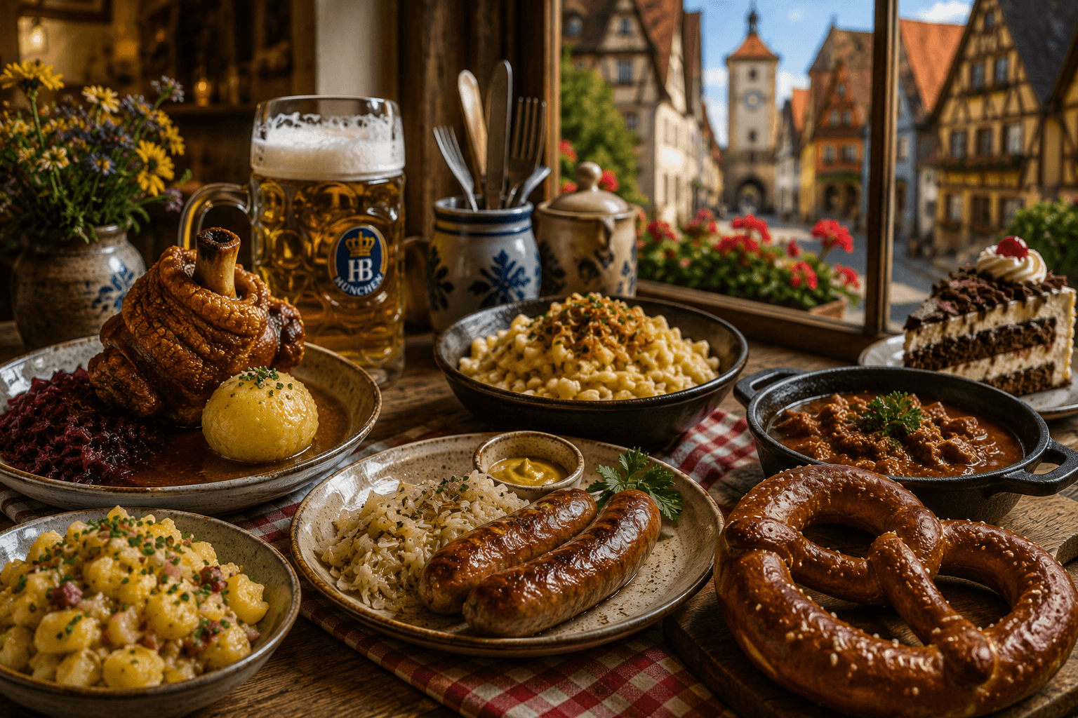 Traditional German dishes served in a cozy restaurant with historic town views