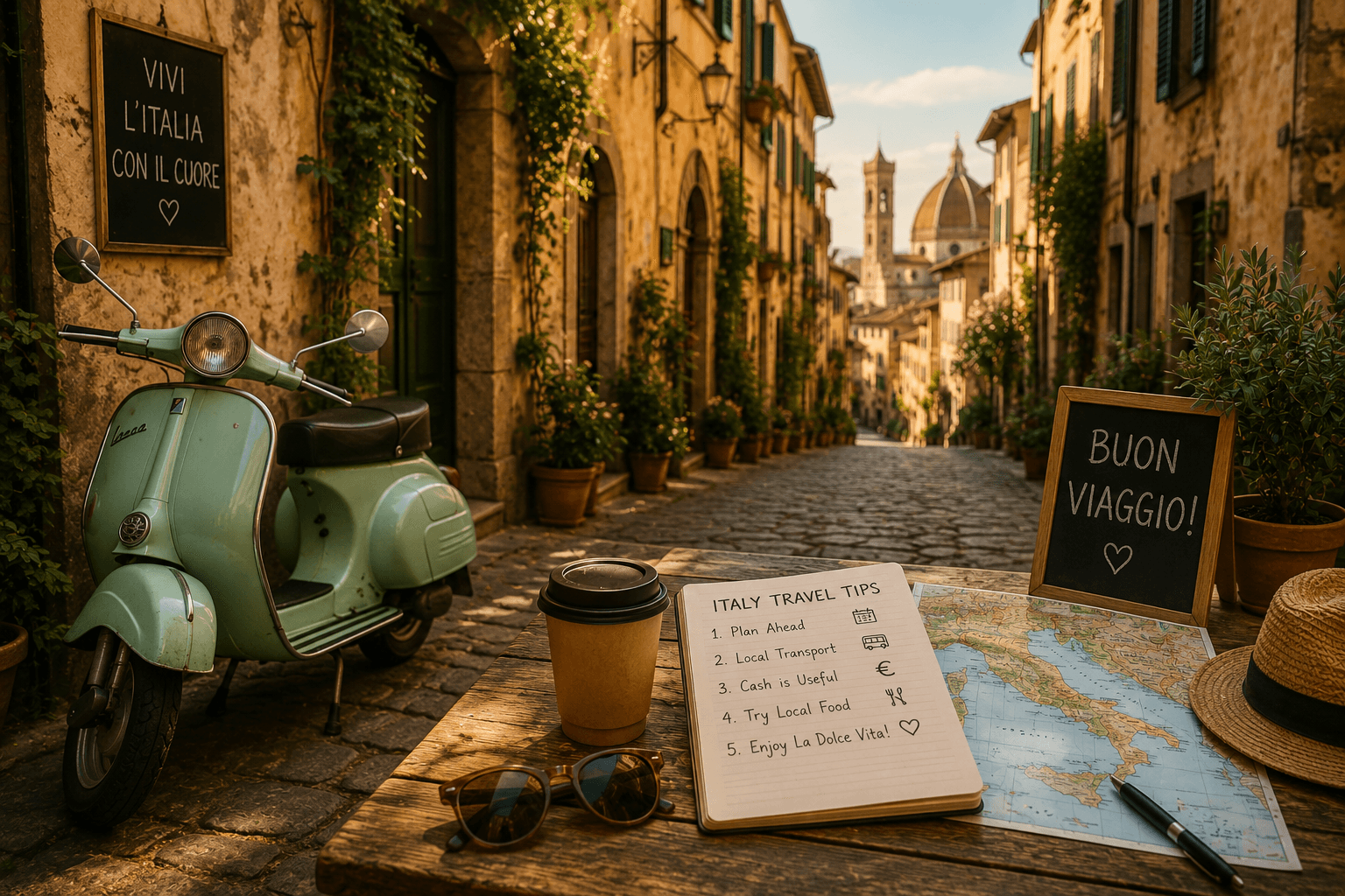 Vintage Vespa on a charming Italian street with travel essentials