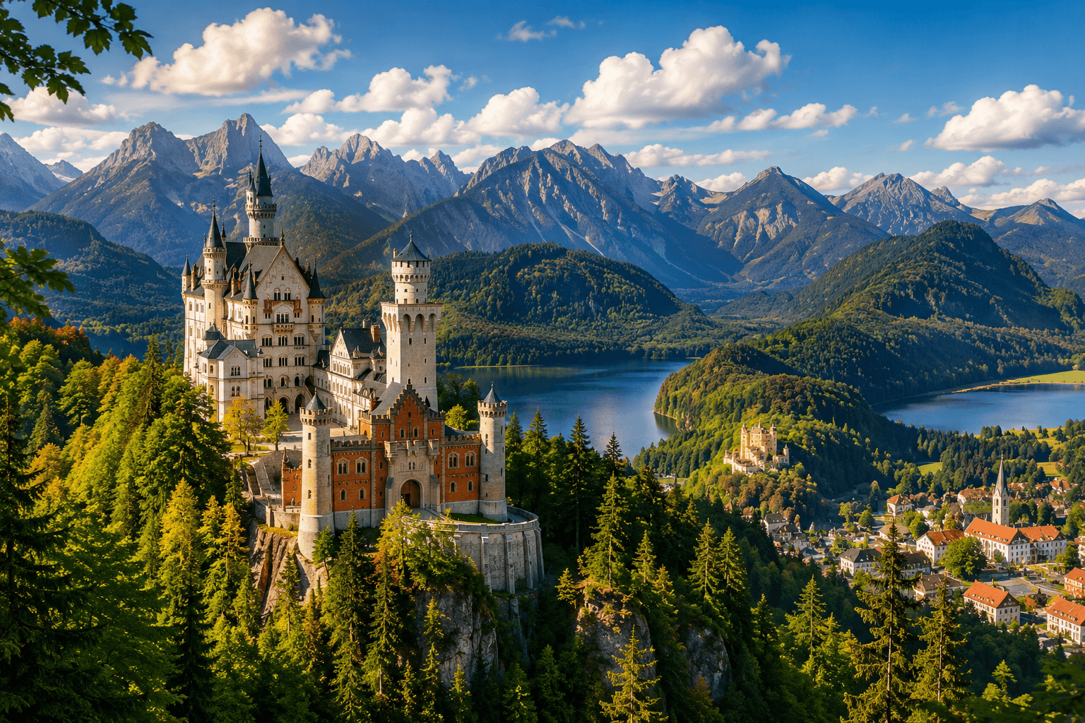 Neuschwanstein Castle overlooking an Alpine lake and mountains in Bavaria, Germany