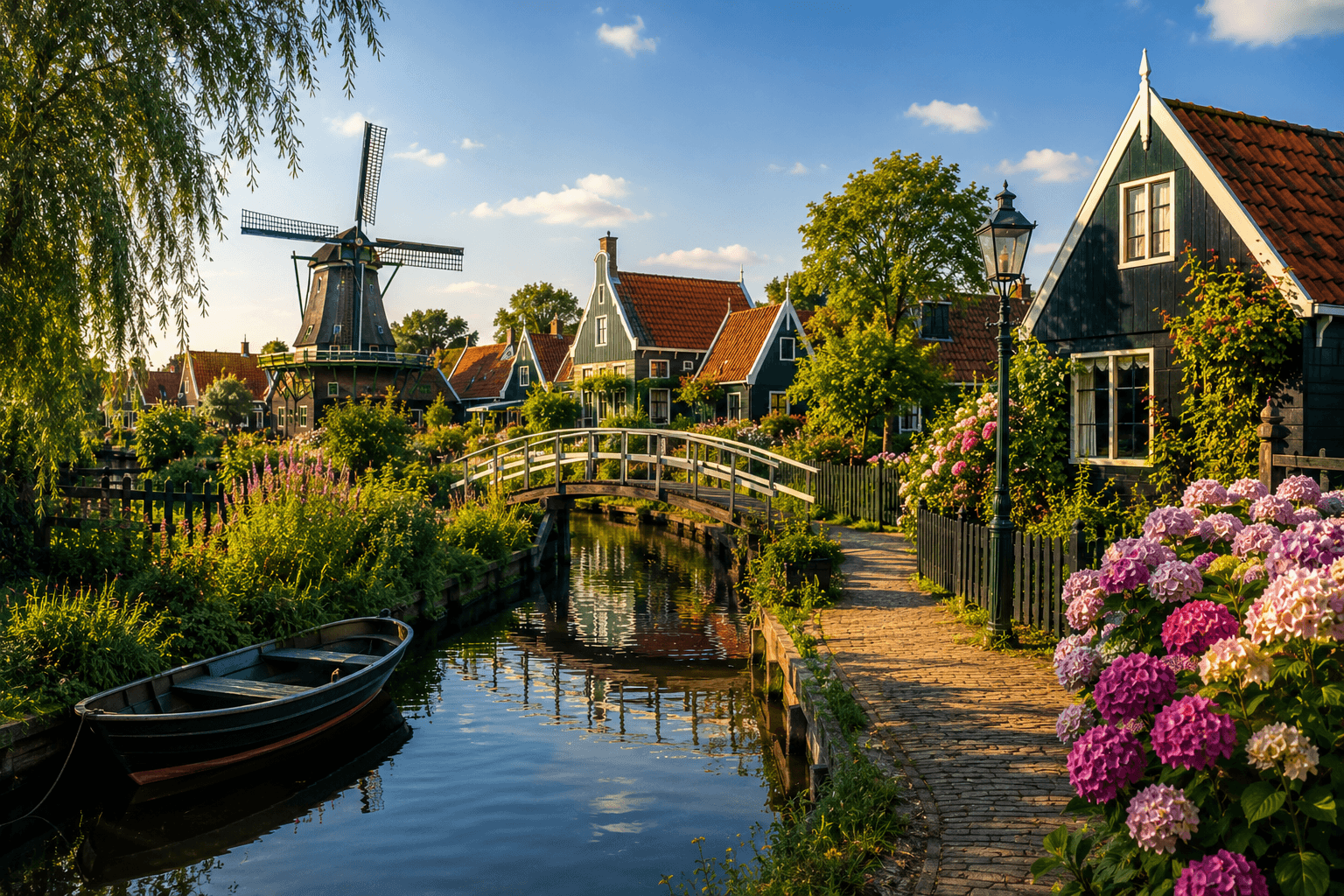 Traditional Dutch windmill, canal and historic village in the Netherlands