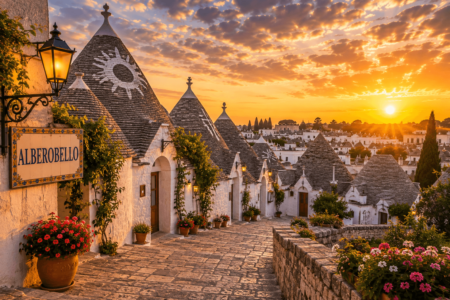 Alberobello trulli houses at sunset