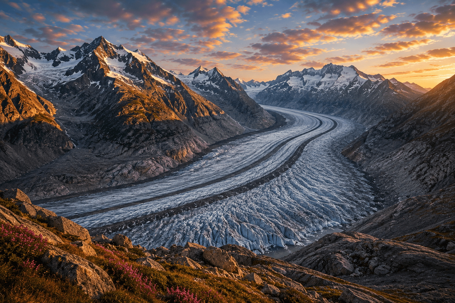 Aletsch Glacier flowing through the Swiss Alps in Switzerland