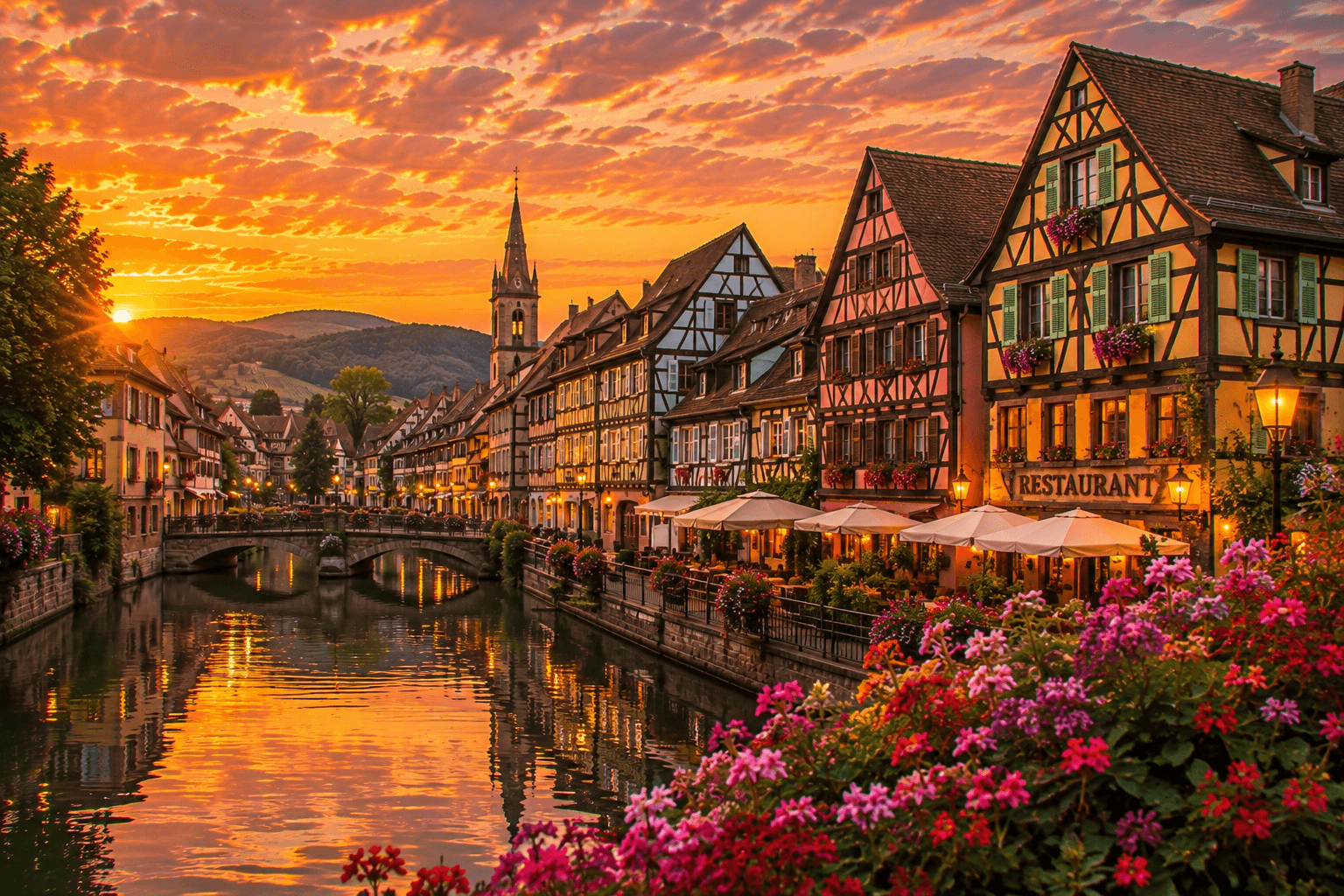 Traditional half-timbered houses and canals in the Alsace region of France at sunset.