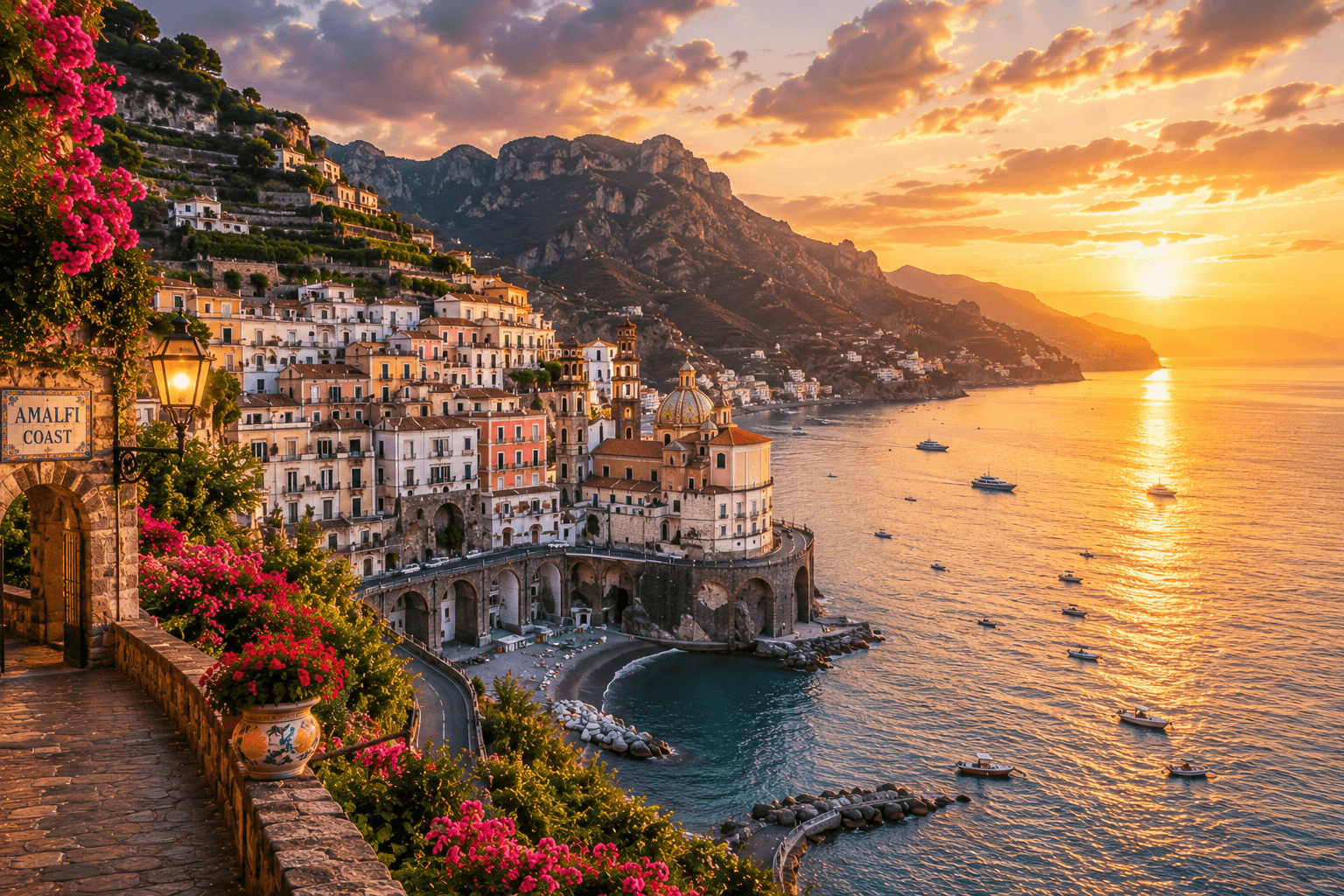 Amalfi Coast cliffs and seaside village at sunset