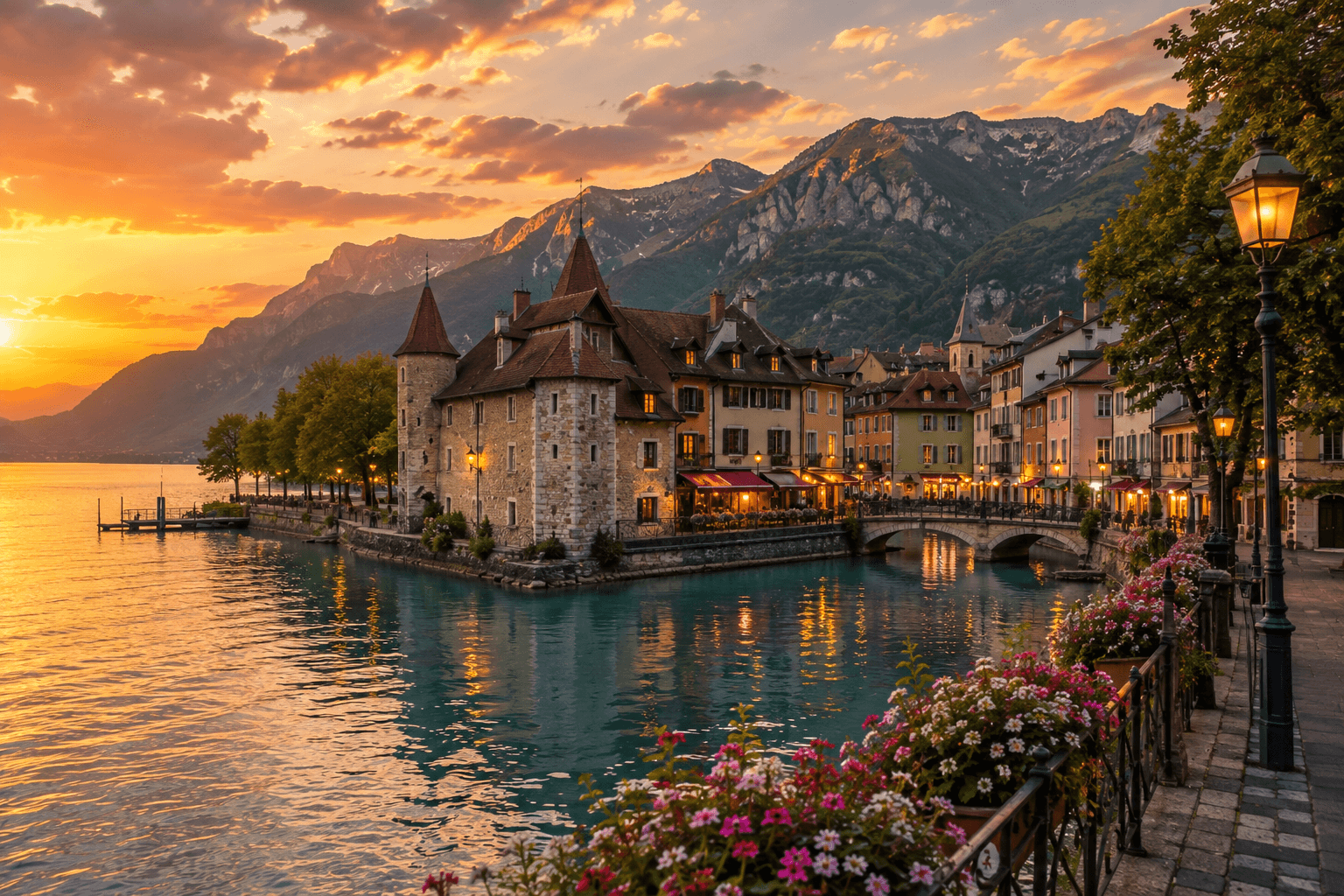 Annecy Old Town and Lake Annecy at sunset with canals and colorful buildings.