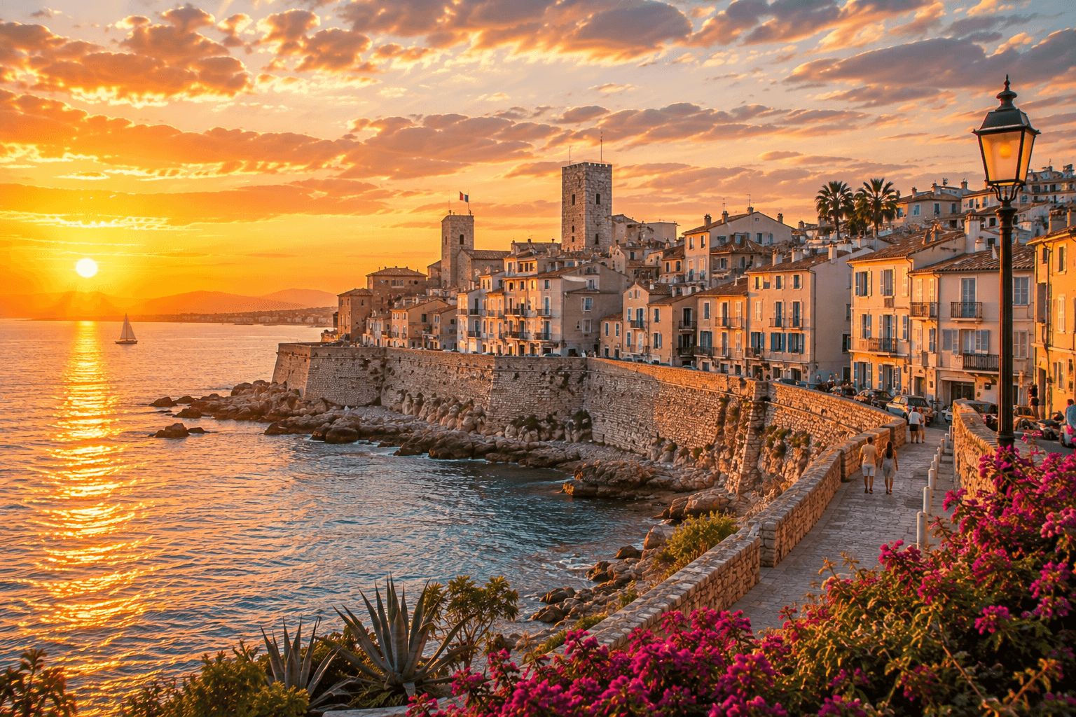 Historic Antibes harbor and old town along the Mediterranean coast at sunset.