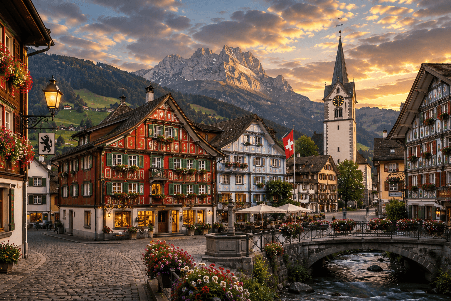 Traditional Appenzell village with colorful houses and rolling Swiss hills