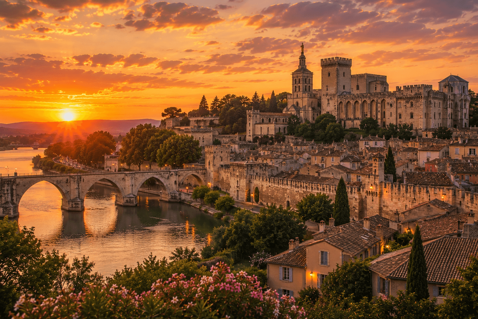 Palace of the Popes and Avignon skyline along the Rhône River at sunset.