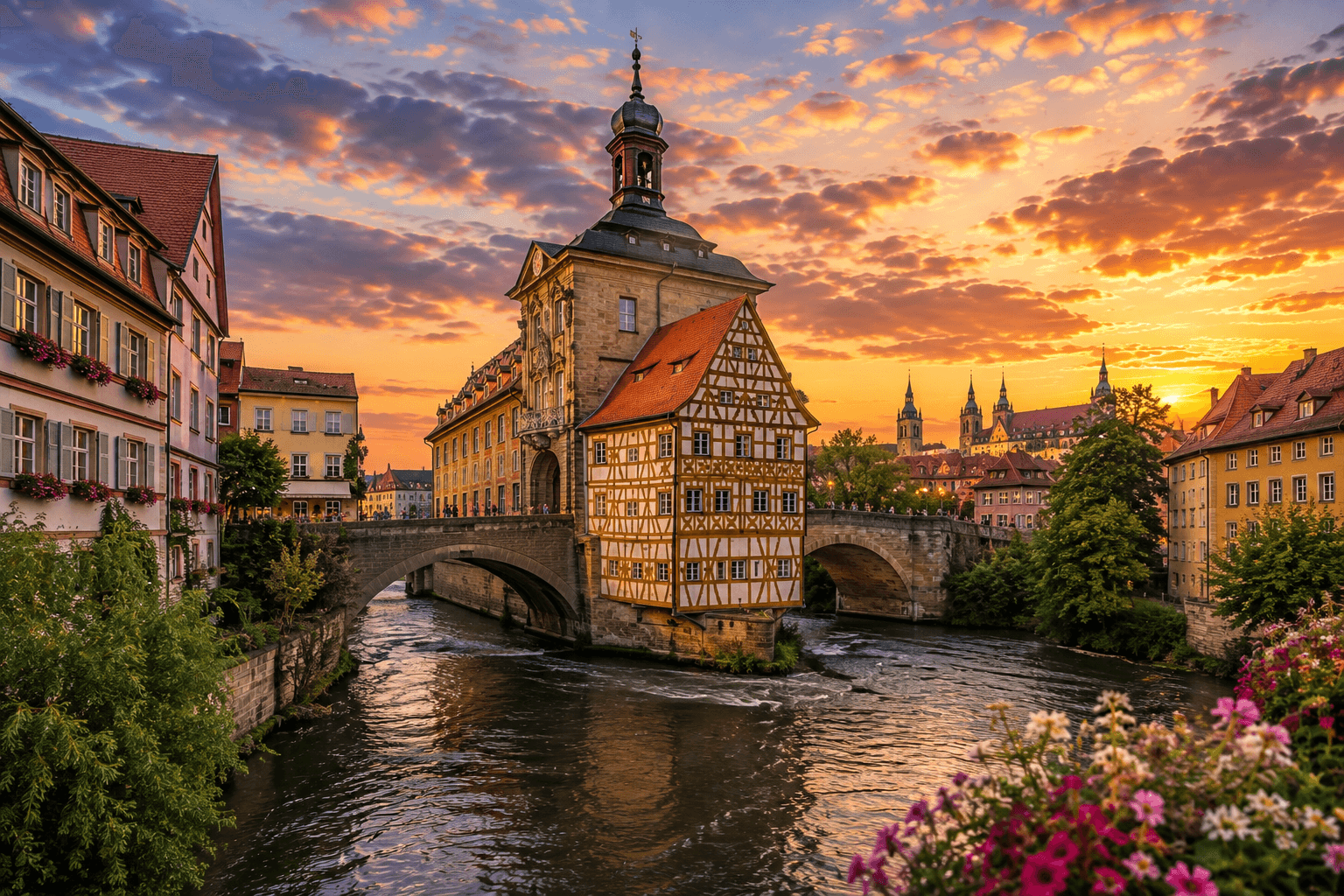 Bamberg Germany historic old town and river at sunset