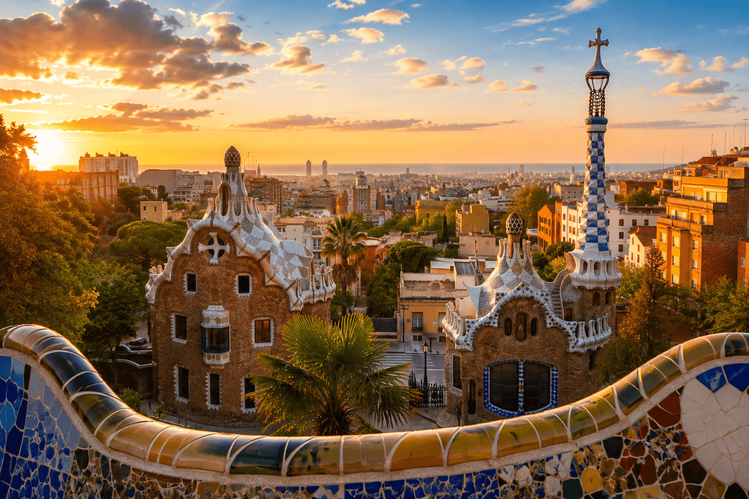 Barcelona Spain travel destination featuring Park Güell and Barcelona skyline