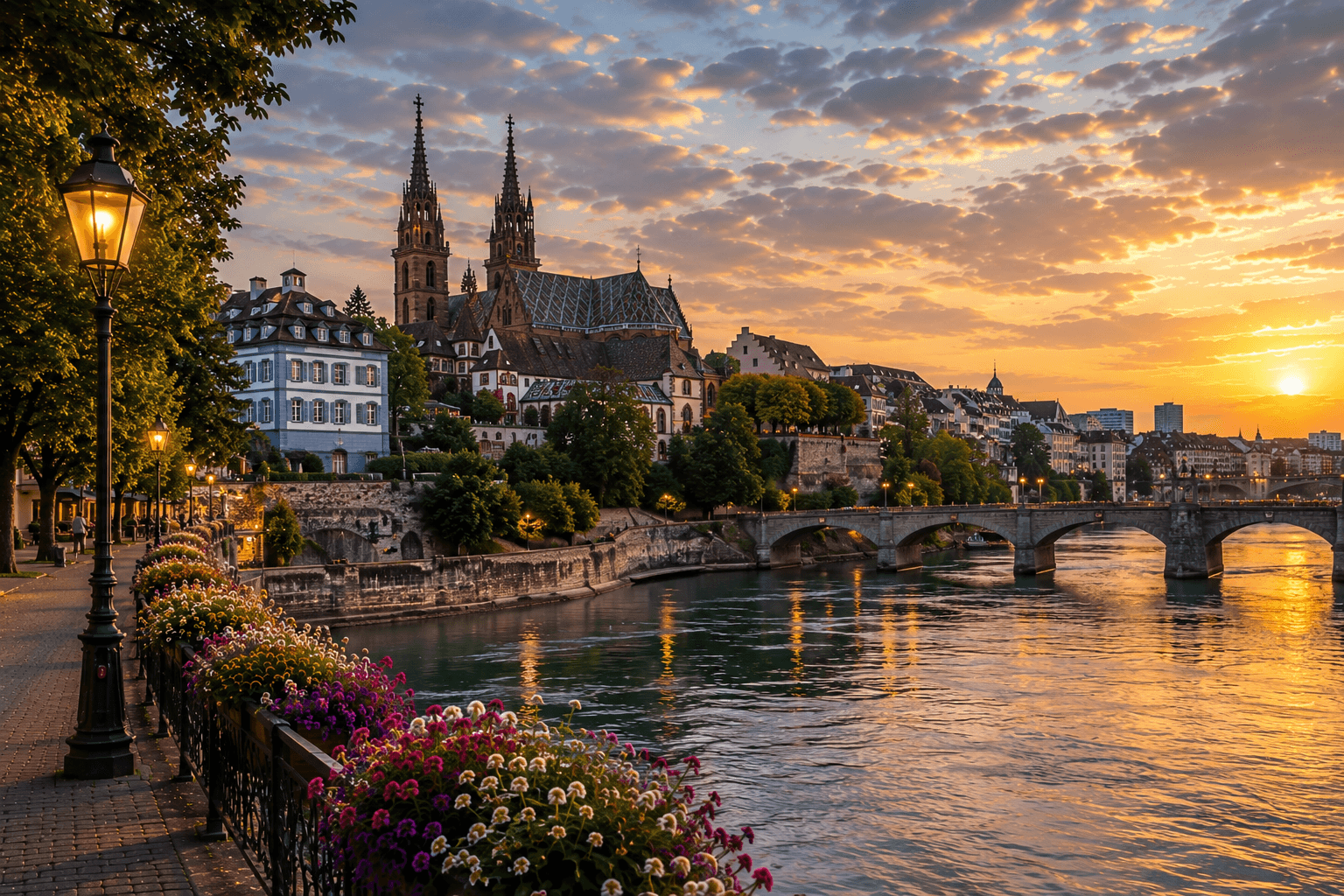Basel historic center on the Rhine River with cultural landmarks