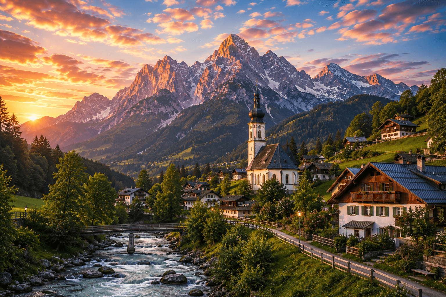 Bavarian Alps Germany mountain village and Alpine landscape