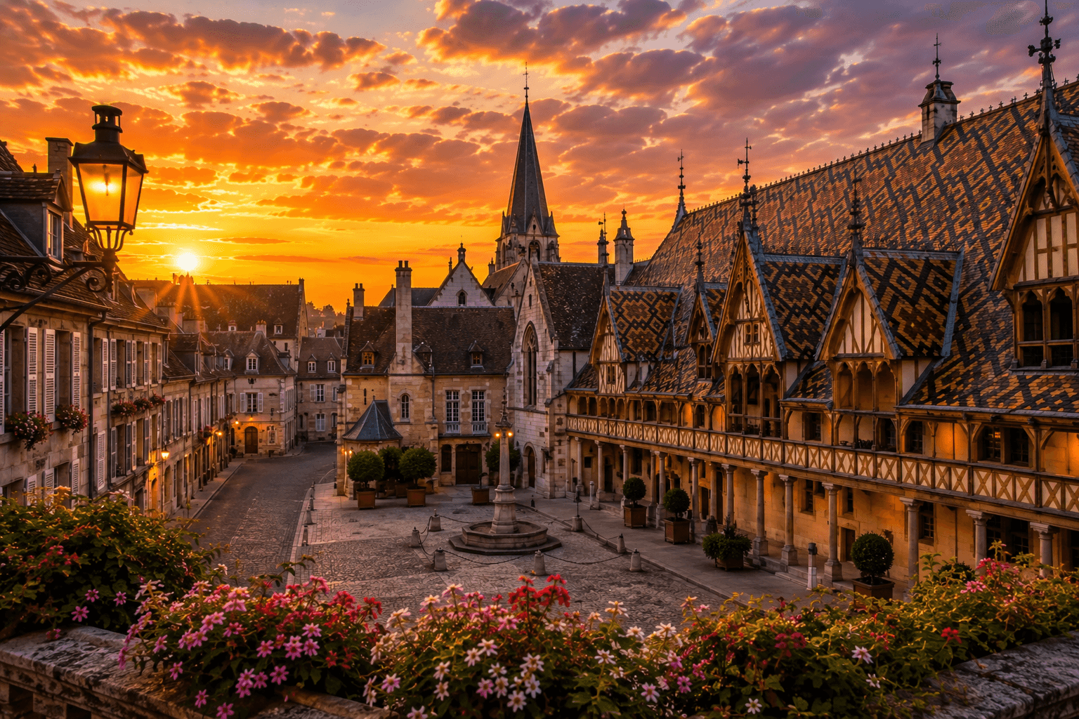 Historic Beaune in Burgundy with medieval architecture and vineyards at sunset.