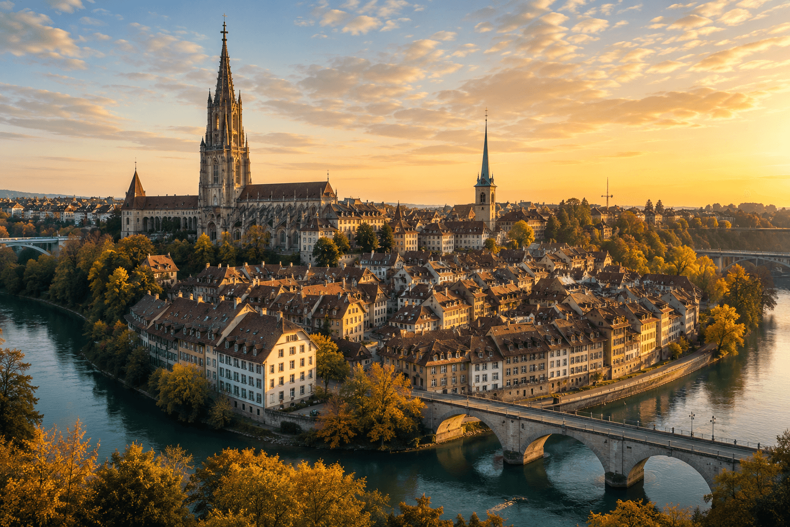 Historic skyline of Bern, Switzerland with medieval architecture and alpine scenery