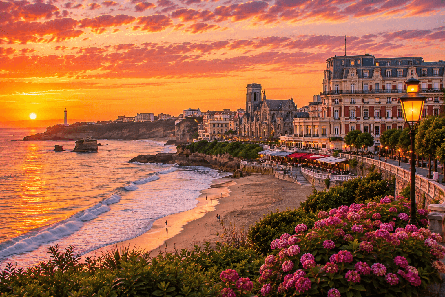 Biarritz coastline with sandy beaches and Atlantic Ocean during sunset.