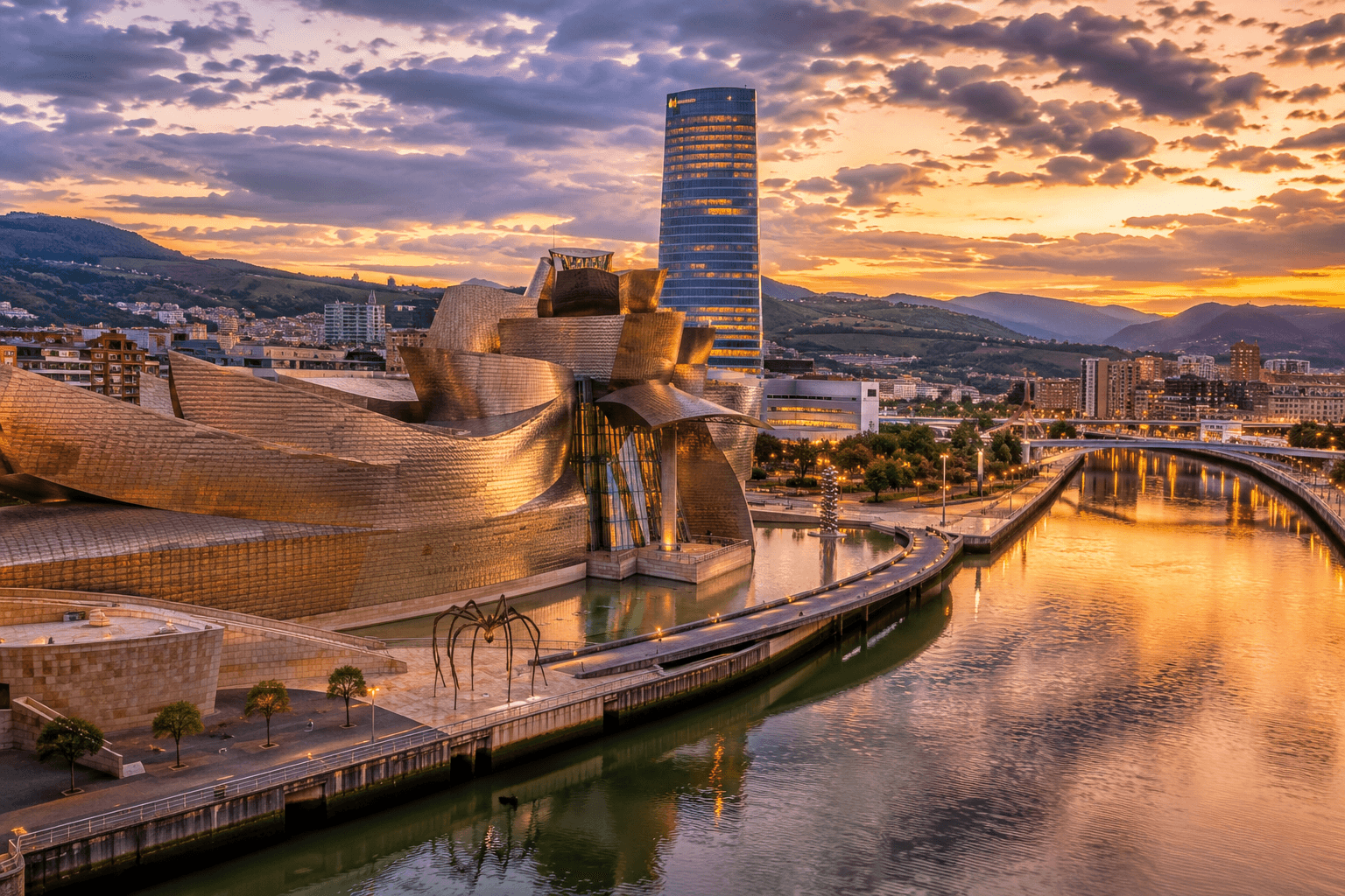 Bilbao Spain travel destination featuring modern architecture and the Nervion River
