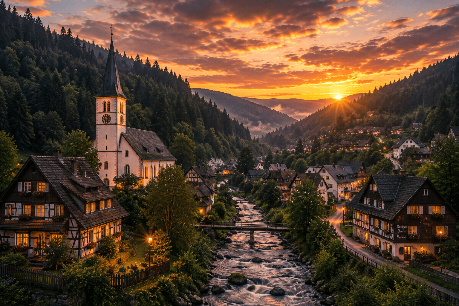Black Forest Germany mountain village and forest landscape at sunset