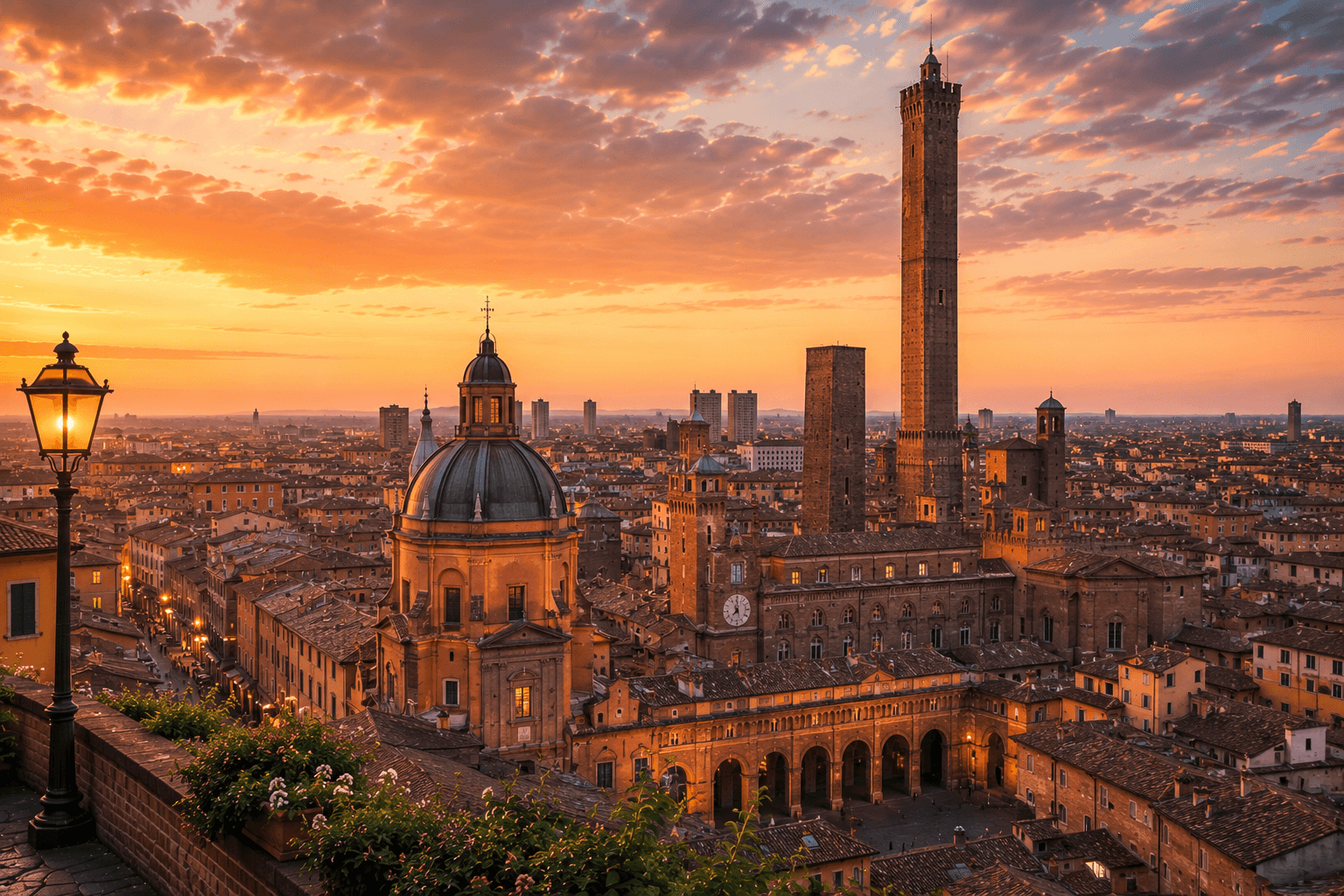 Bologna historic center at sunset
