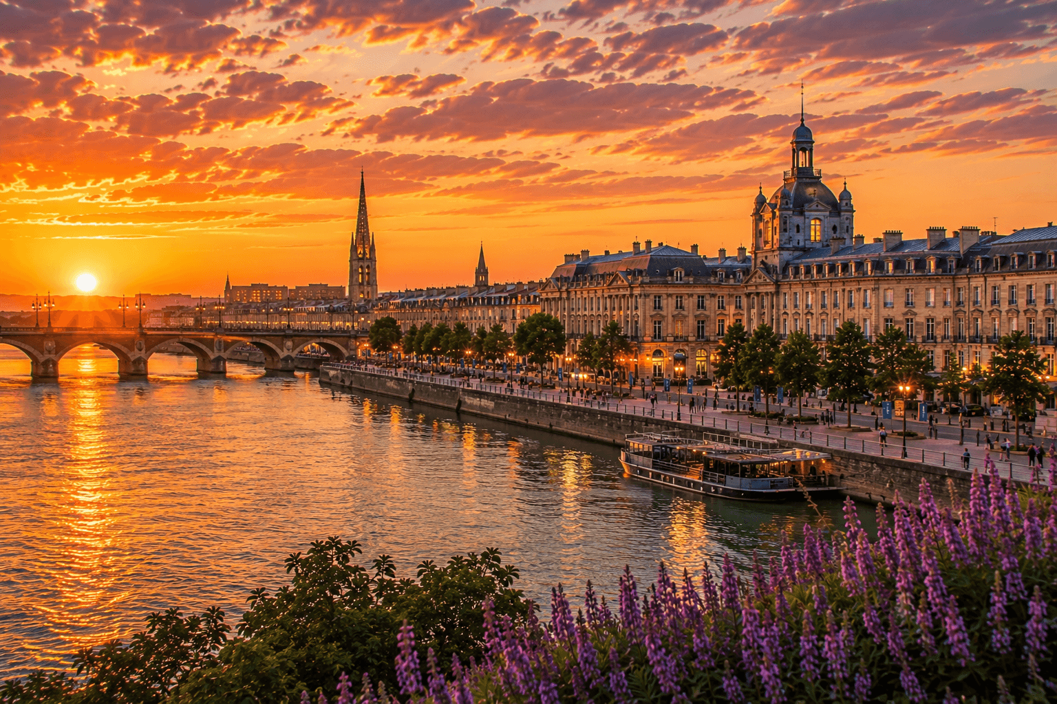 Historic Bordeaux waterfront and Place de la Bourse during golden hour.