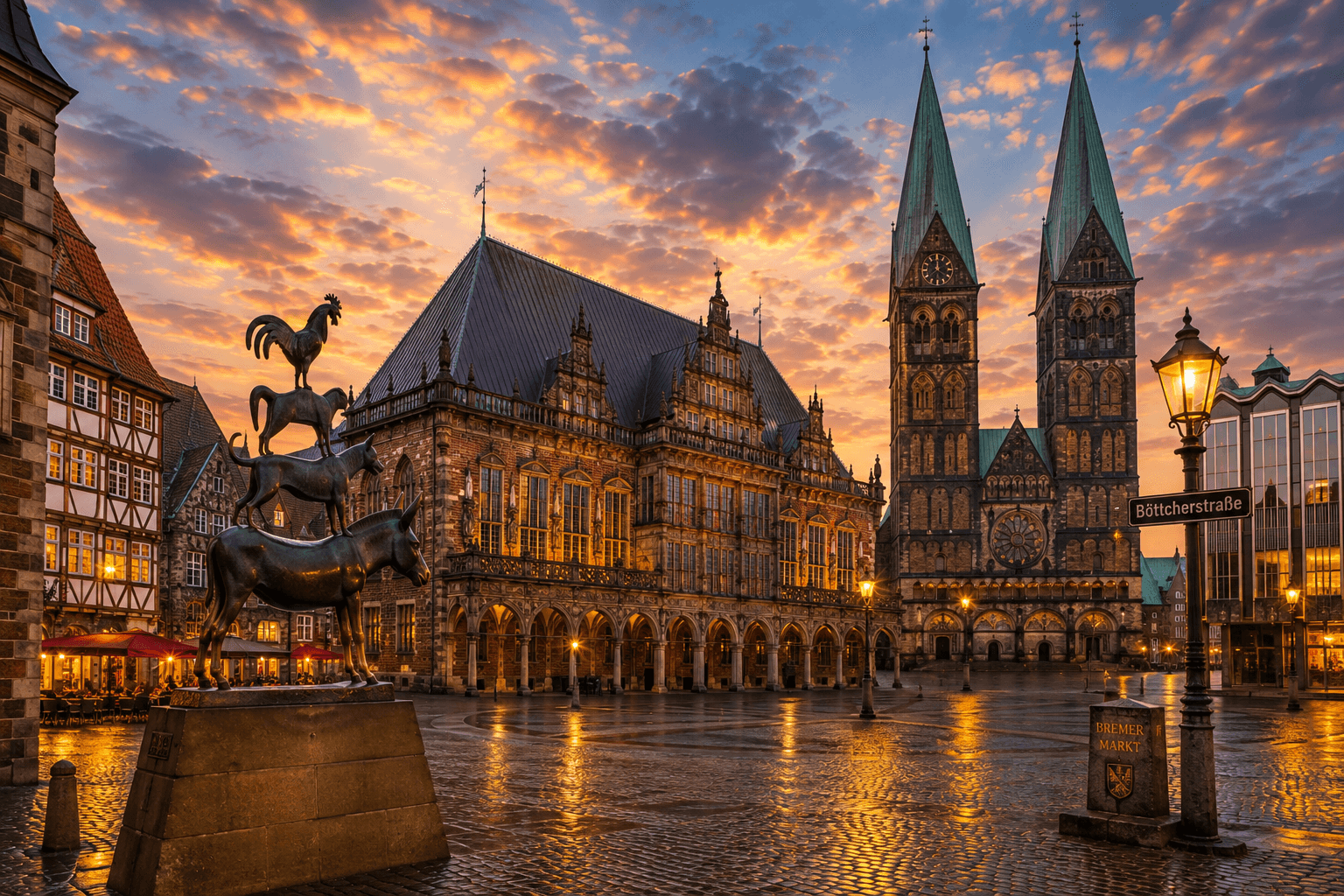 Bremen Germany historic market square and old town at sunset